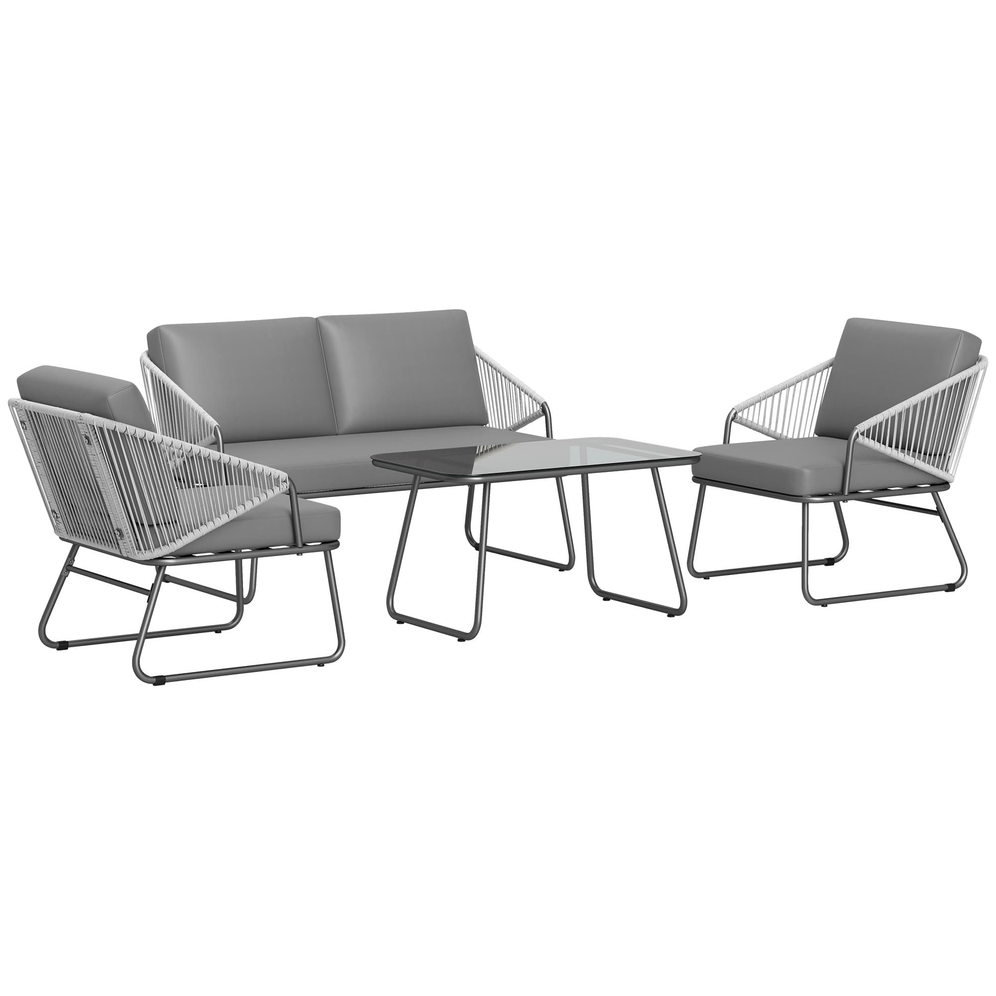Outsunny 4 Piece Rattan Garden Furniture Set, Wicker Patio Outdoor Furniture Set with Loveseat, Glass Top Coffee Table for Patio, Balcony, Grey