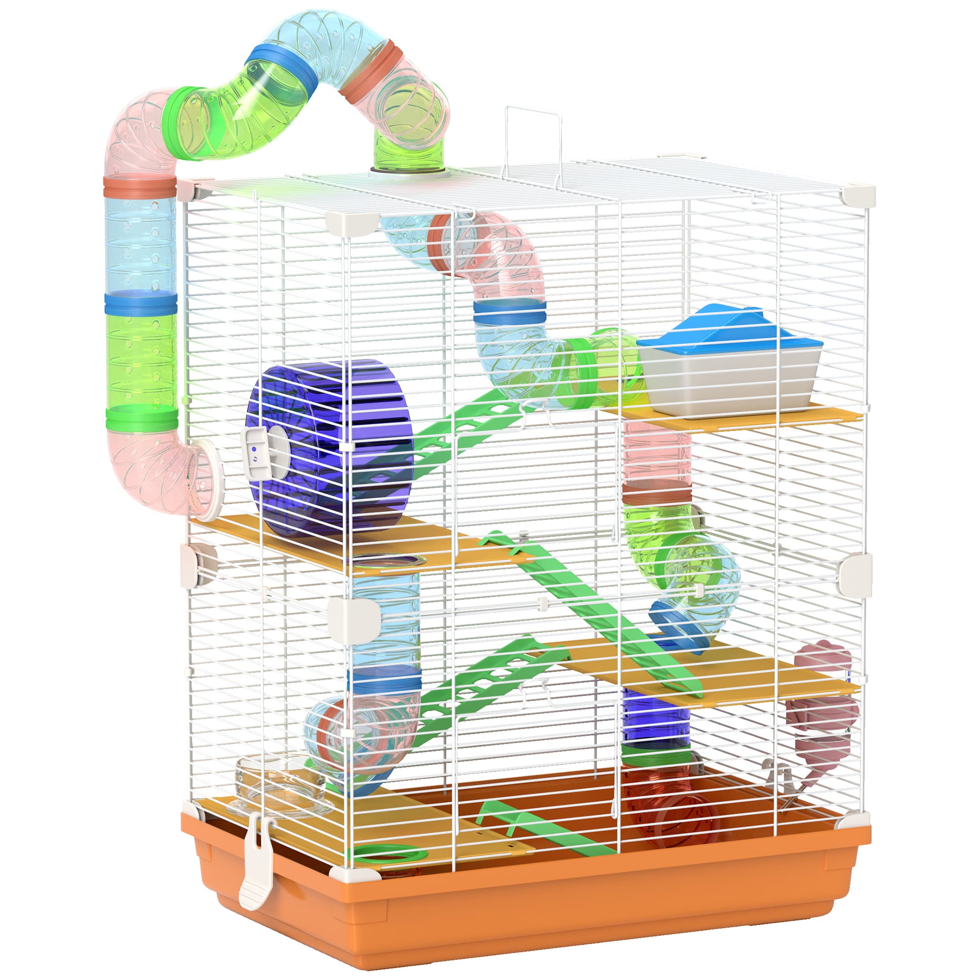 PawHut 5 Tier Hamster Cage Carrier Habitat w/ Exercise Wheels, Tunnel, Orange | Aosom UK