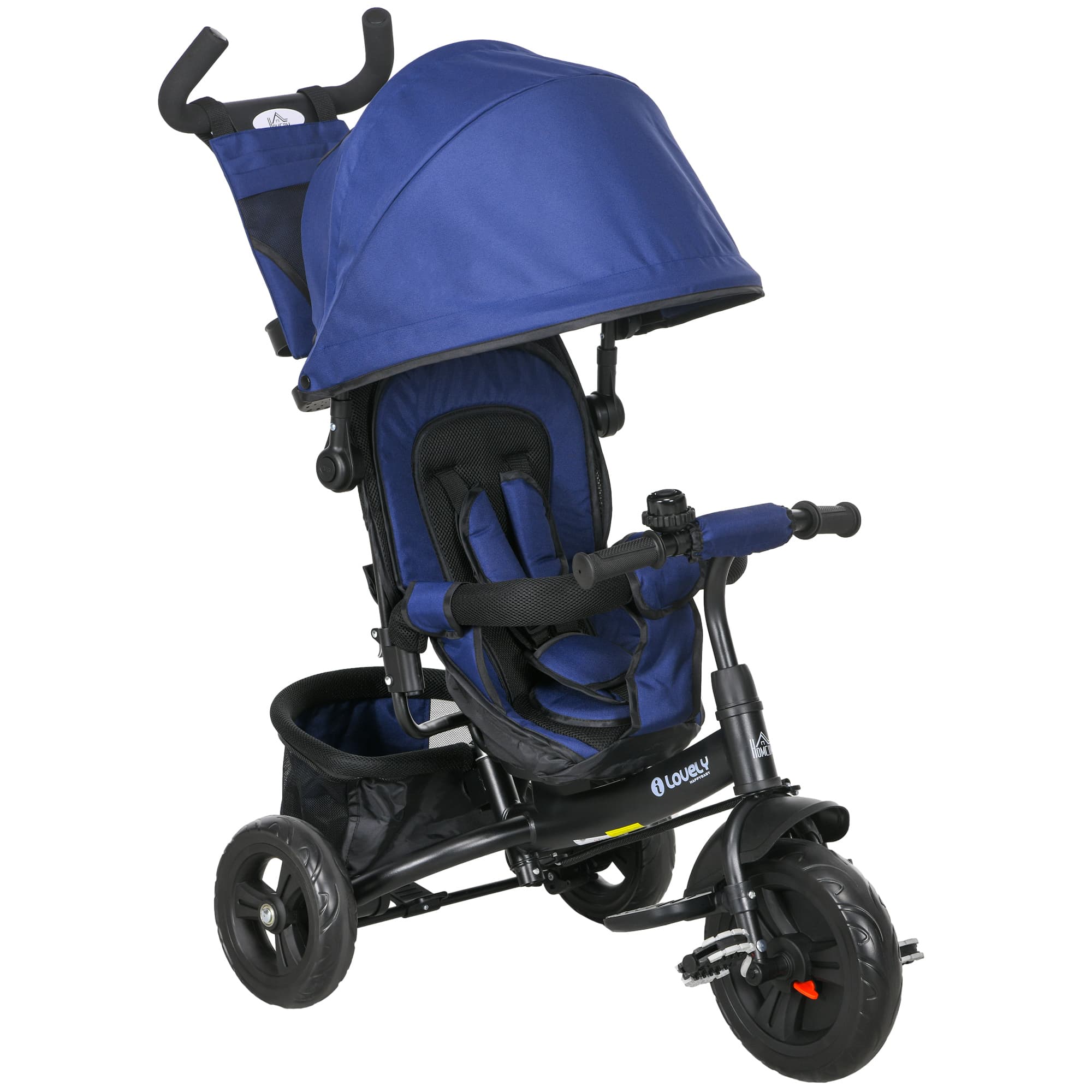 HOMCOM 4 in 1 Kids Trike Push Bike w/ Push Handle, Canopy, 5-point Safety Belt, Storage, Footrest, Brake, for 1-5 Years, Blue | Aosom UK