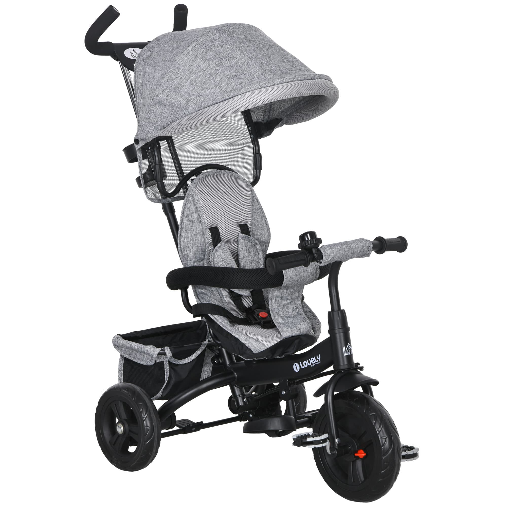 HOMCOM 4 in 1 Kids Trike Push Bike w/ Push Handle, Canopy, 5-point Safety Belt, Storage, Footrest, Brake, for 1-5 Years, Grey | Aosom UK thumbnail 2