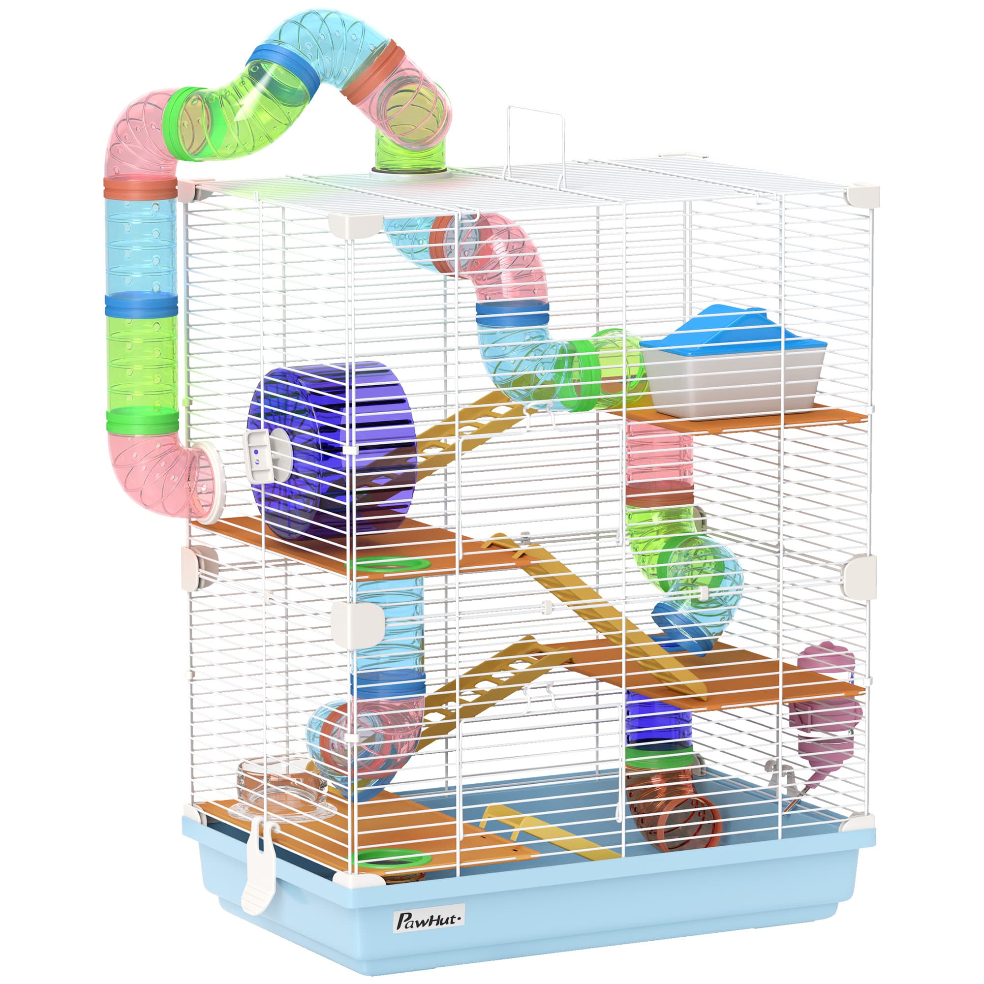 PawHut Small Hamster Cage with 5-Tier Habitat and Tunnel, Fun & Spacious Cage for Hamsters, Light Blue | Aosom UK