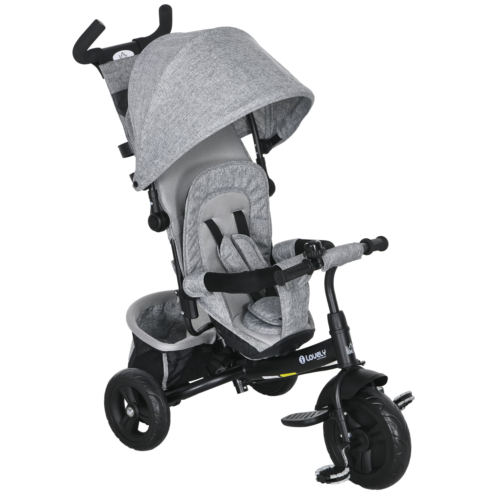 HOMCOM 4 in 1 Kids Trike Push Bike w/ Push Handle, Canopy, 5-point Safety Belt, Storage, Footrest, Brake, for 1-5 Years, Grey | Aosom UK