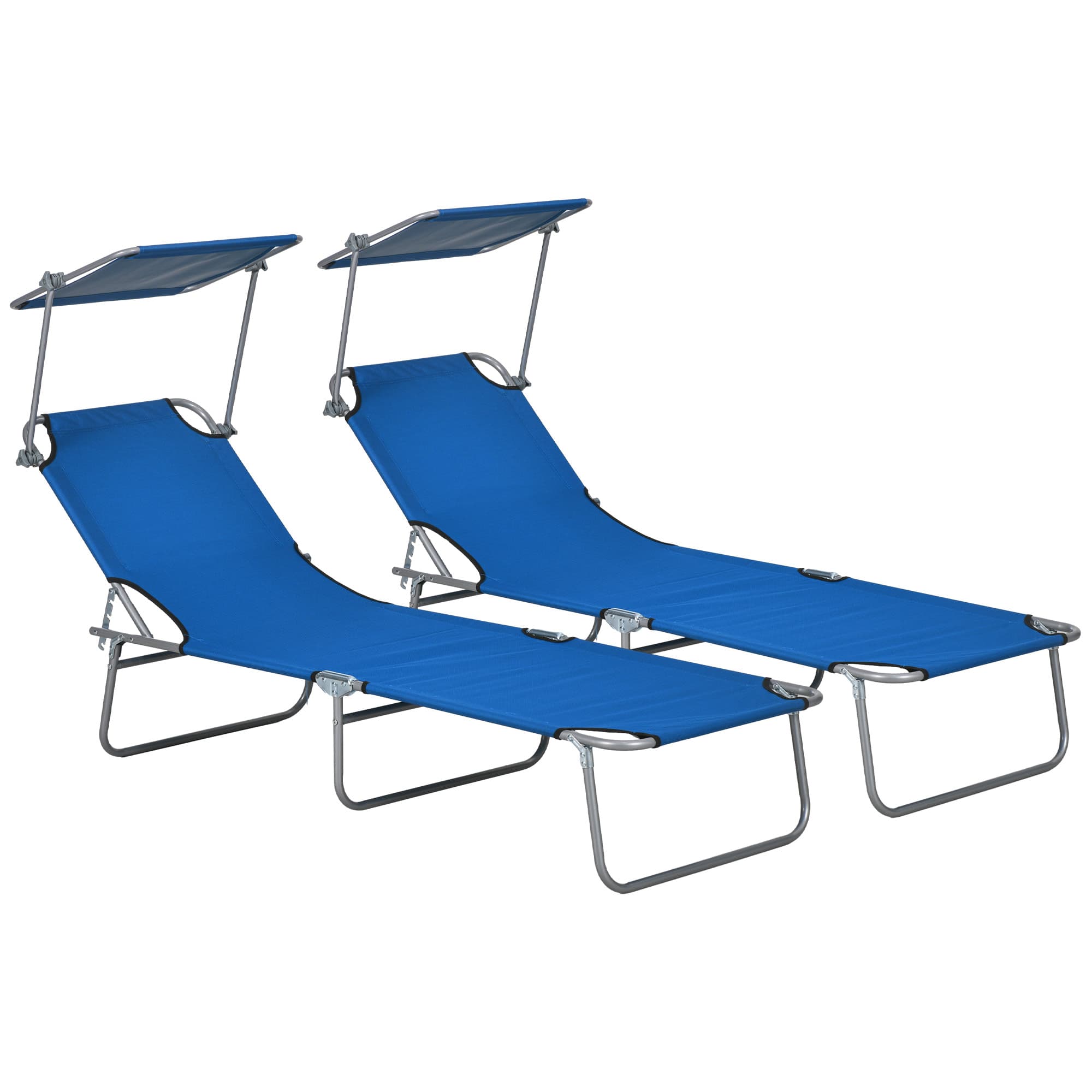 Outsunny Outdoor Foldable Sun Lounger Set of 2, 4 Level Adjustable Backrest Reclining Sun Lounger Chair w/ Angle Adjust Sun Shade for Beach | Aosom UK