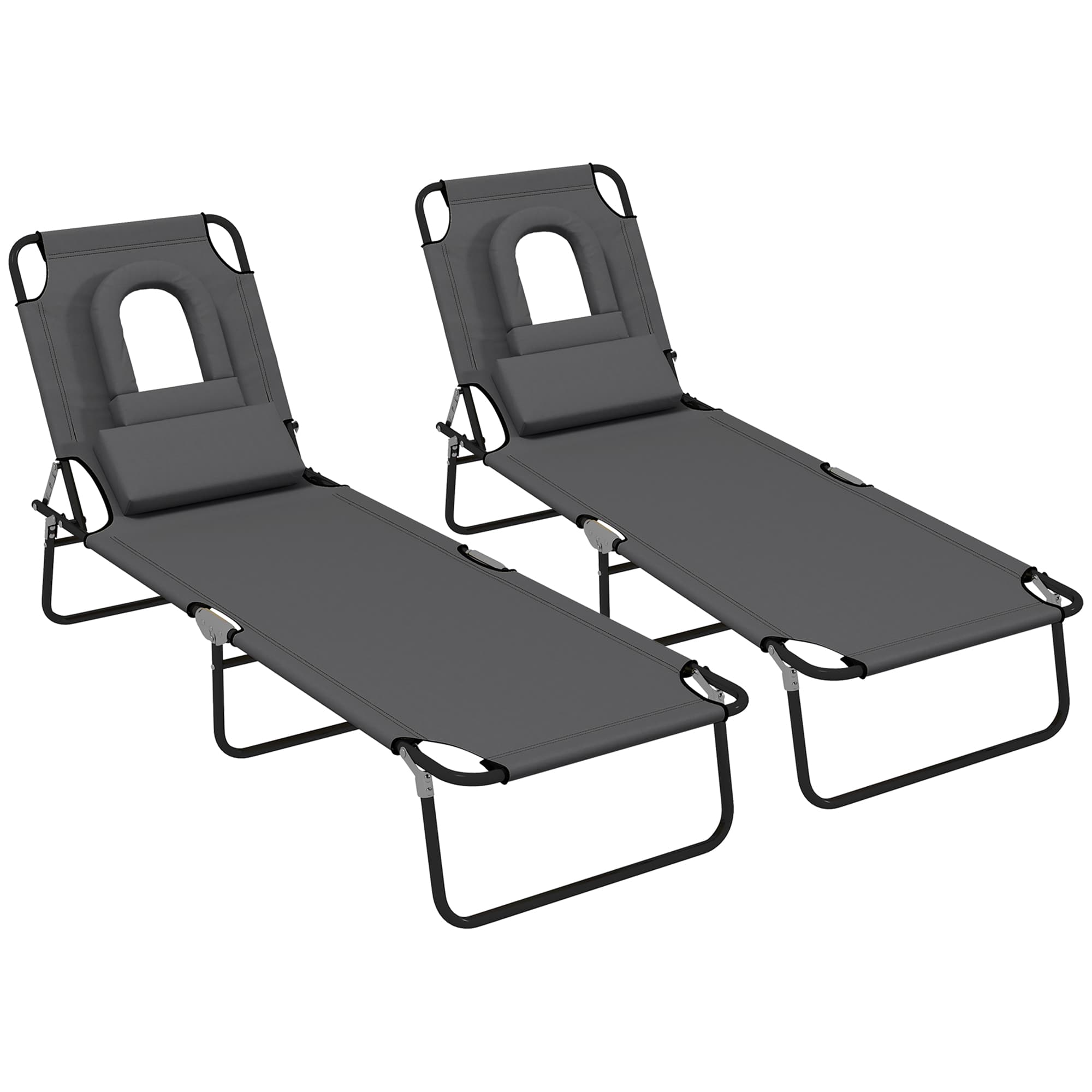 Outsunny Foldable Sun Lounger Set, 2-Pack, 4-Level Backrest, Pillow & Reading Hole, Lightweight for Garden Relaxation, Dark Grey | Aosom UK