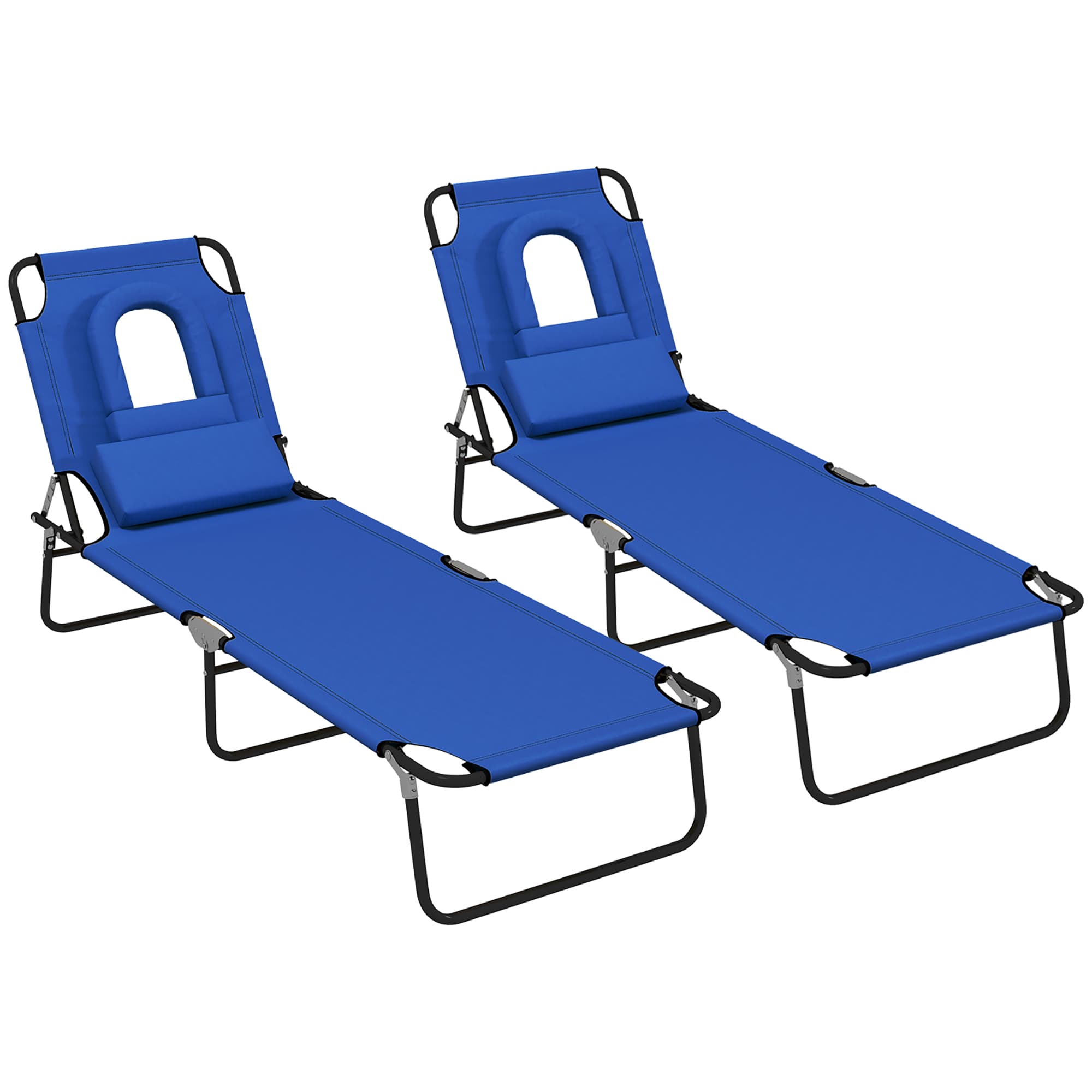 Outsunny Outdoor Foldable Sun Lounger Set of 2, 4 Level Adjustable Backrest Reclining Sun Lounger Chair with Pillow and Reading Hole, Blue | Aosom UK