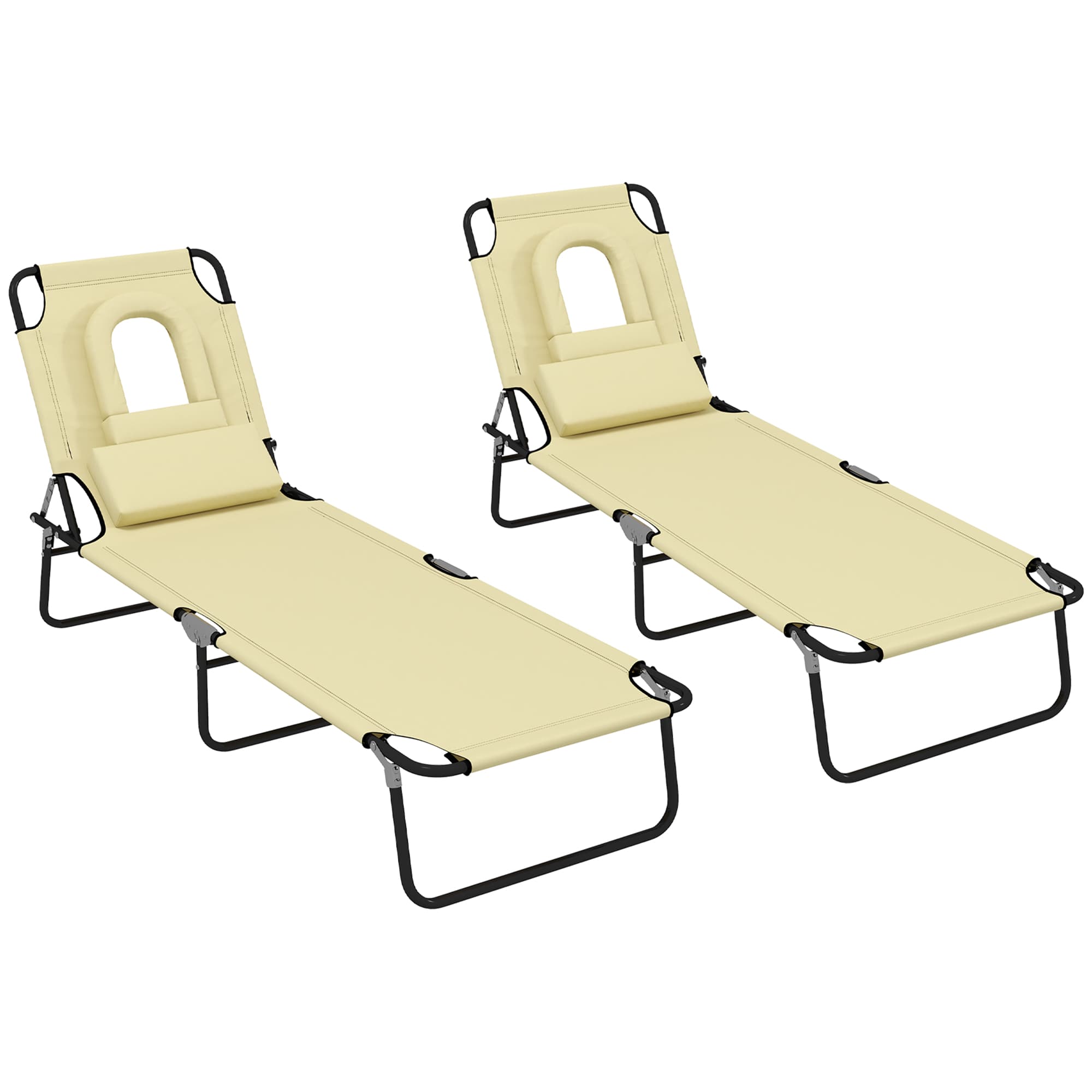 Outsunny Outdoor Foldable Sun Lounger Set of 2, 4 Level Adjustable Backrest Reclining Sun Lounger Chair with Pillow and Reading Hole, Beige | Aosom UK