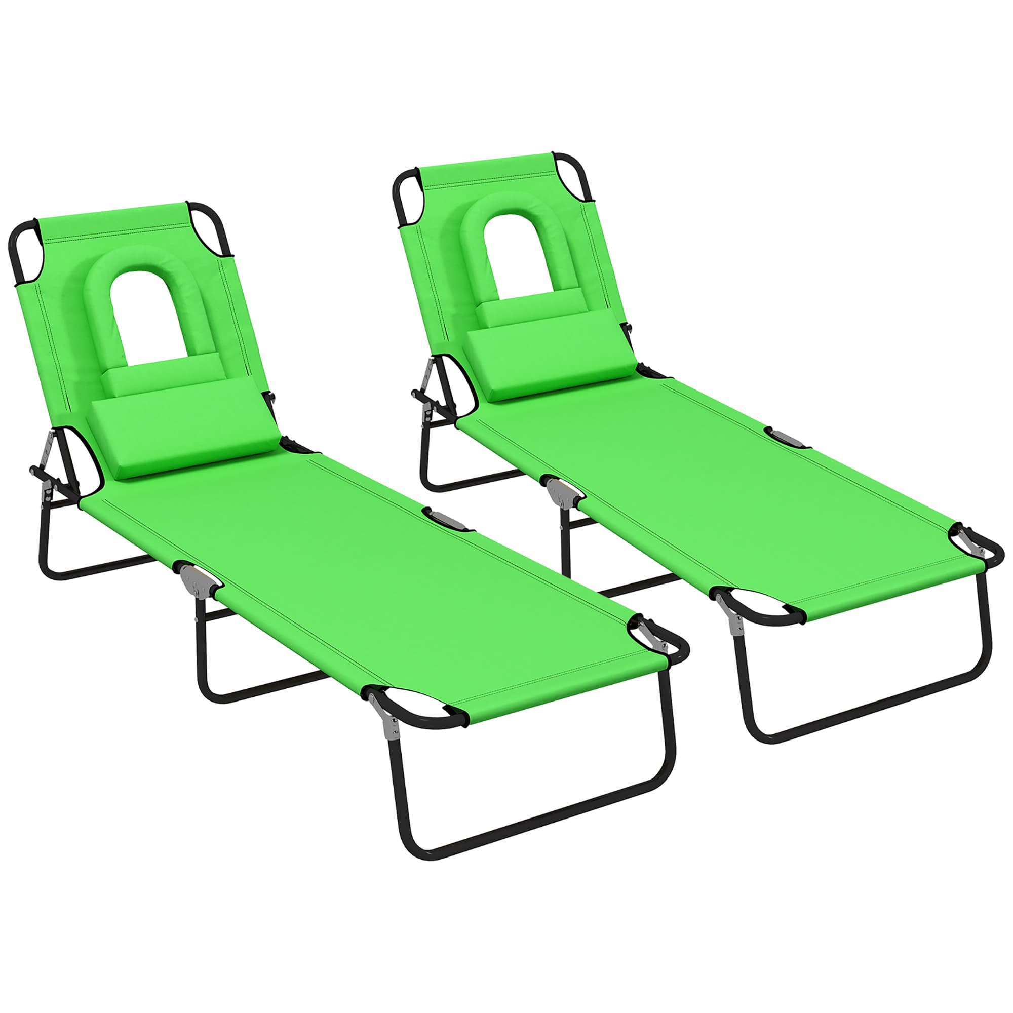 Outsunny Foldable Sun Lounger Duo, Adjustable 4-Level Backrest, Comfort Pillow & Reading Slot, Easy Storage, Vibrant Green | Aosom UK