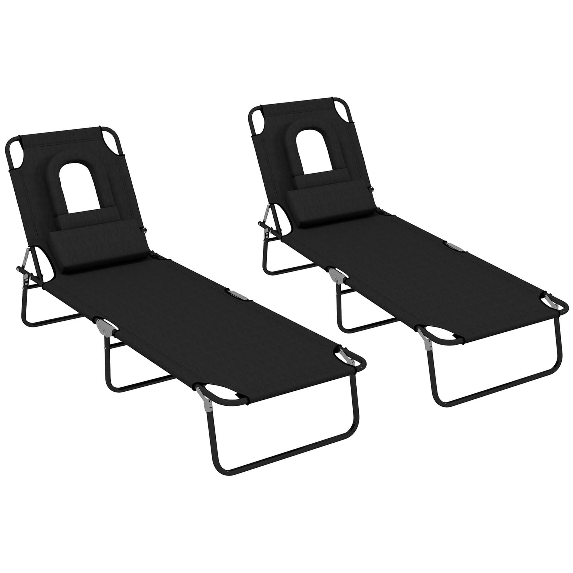 Outsunny Outdoor Foldable Sun Lounger Set of 2, 4 Level Adjustable Backrest Reclining Sun Lounger Chair with Pillow and Reading Hole, Black | Aosom UK