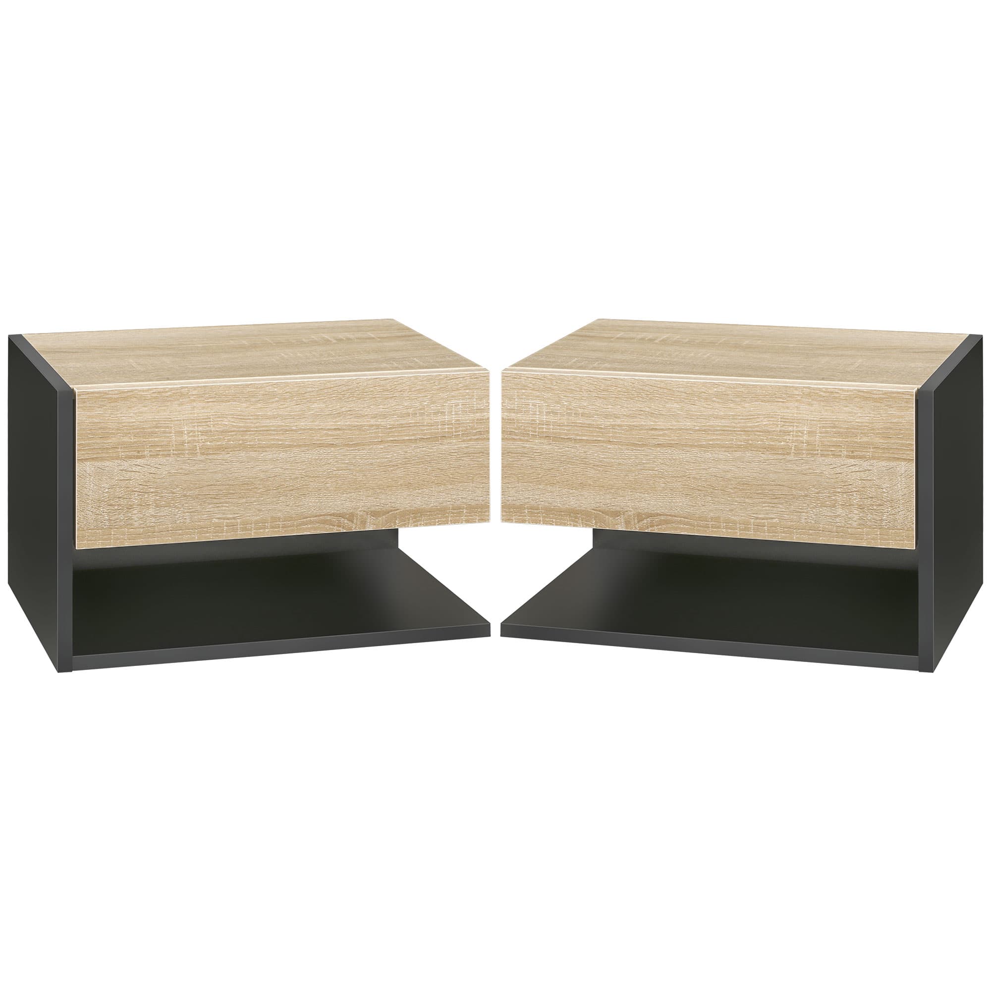 HOMCOM Floating Bedside Table Set of 2, Wall Mounted Bedside Cabinet with Drawer and Open Shelf, Modern Nightstand for Bedroom, 46 x 30 x 30 cm, Oak Tone