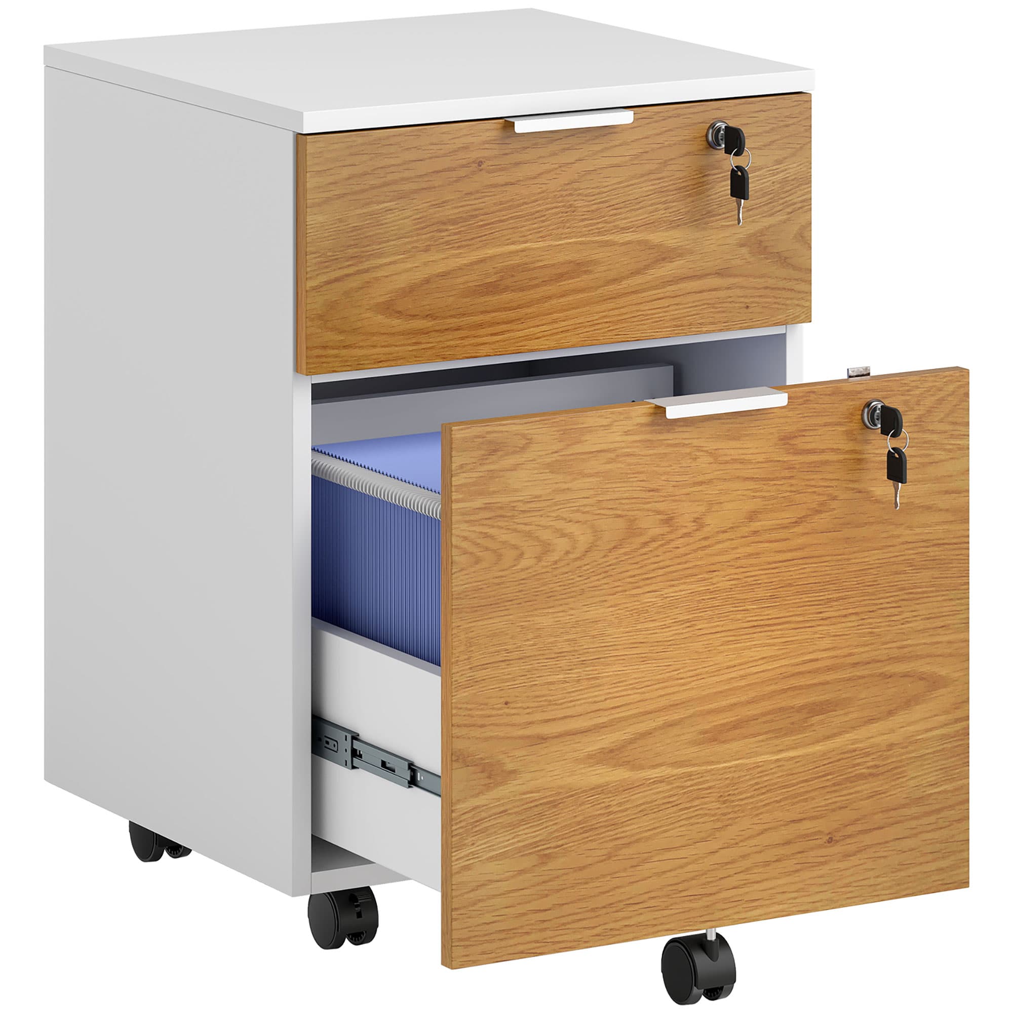 HOMCOM 2 Drawer Filing Cabinet w/ Lock & Wheels, Mobile File Cabinet w/ Adjustable Hanging Bars for A4 & Letter, Under Desk Office Cabinet | Aosom UK