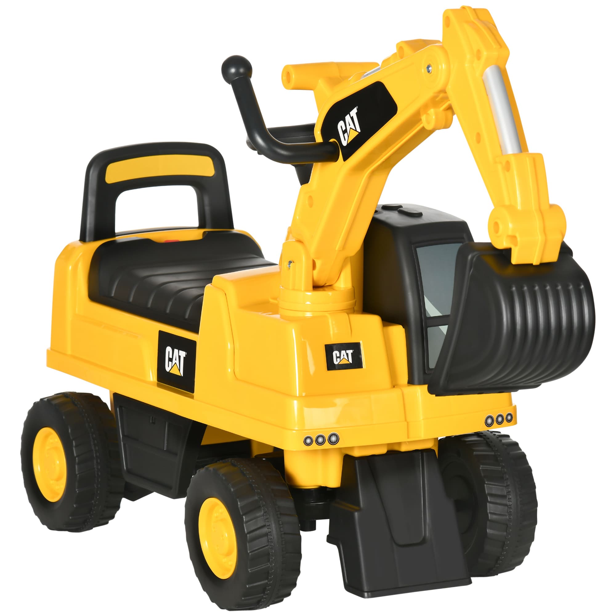 HOMCOM Licensed CAT Kids Ride on Digger Excavator with Manual Bucket, Toddler Pretend Construction Play Toy with Horn Under Seat Storage | Aosom UK