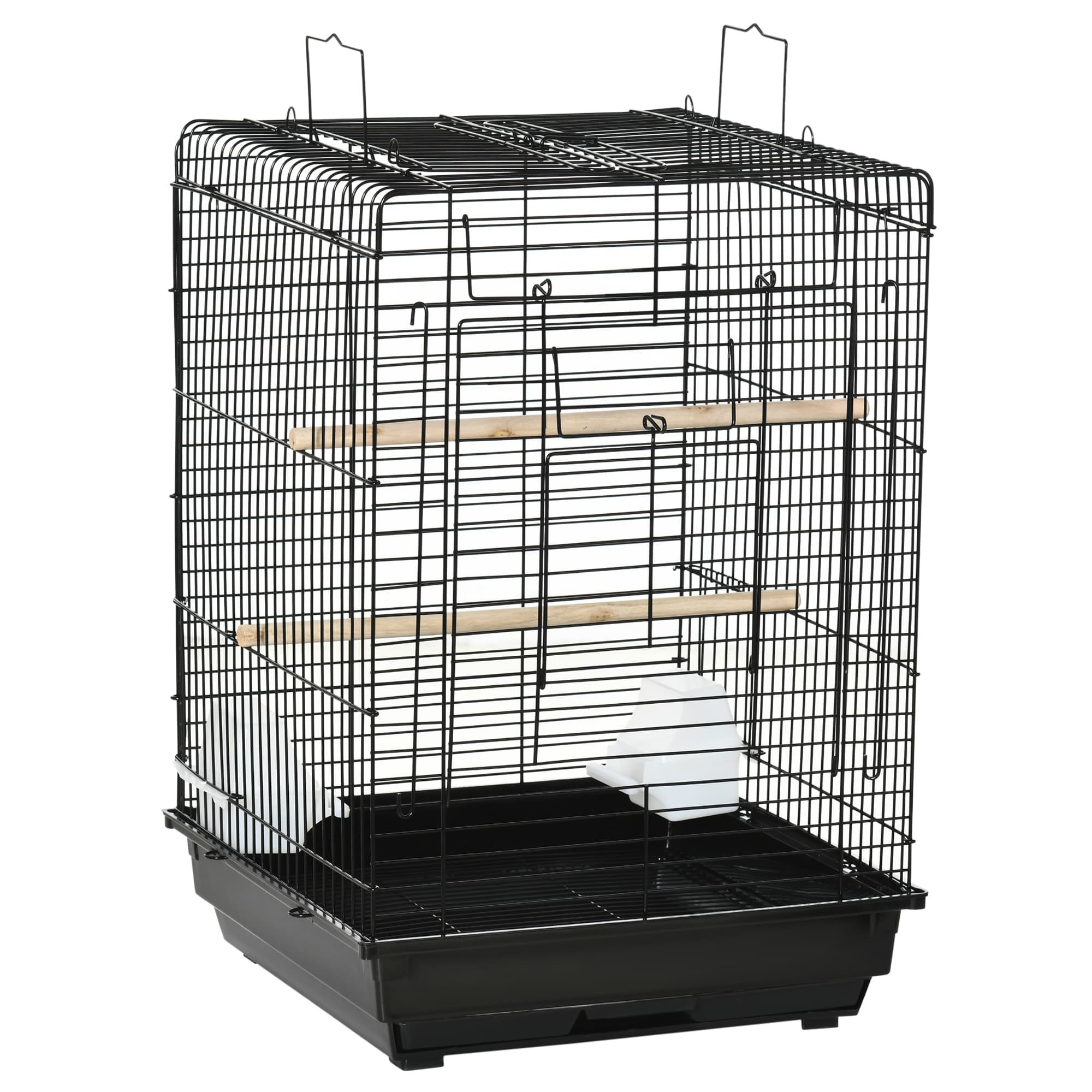 PawHut Durable Bird Cage with Opening Top, Wheeled Stand, Removable Tray, Feeding Bowls, for Small Birds, Black | Aosom UK