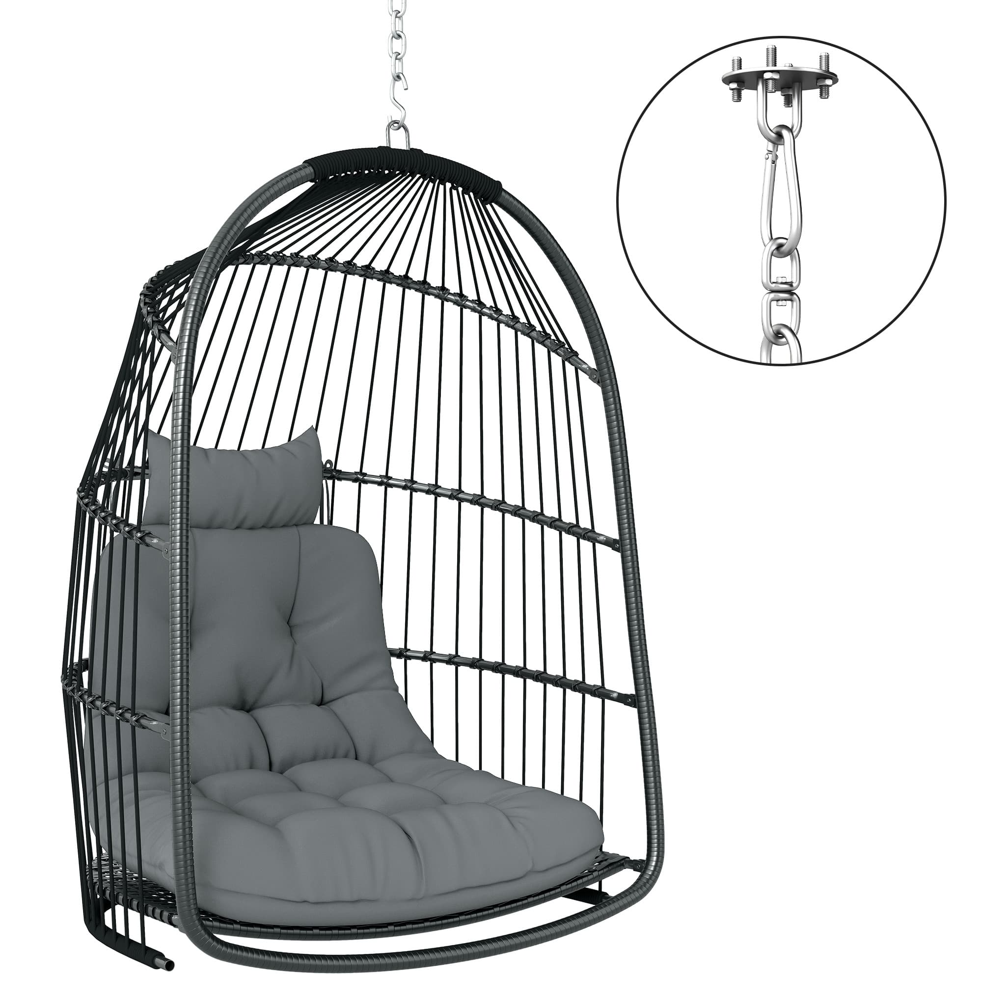 Outsunny Hanging Egg Chair Outdoor Indoor Rattan Swing Chair with Installation Kit, Foldable Garden Hanging Seat with Thickened Cushion, Headrest, Dark Grey