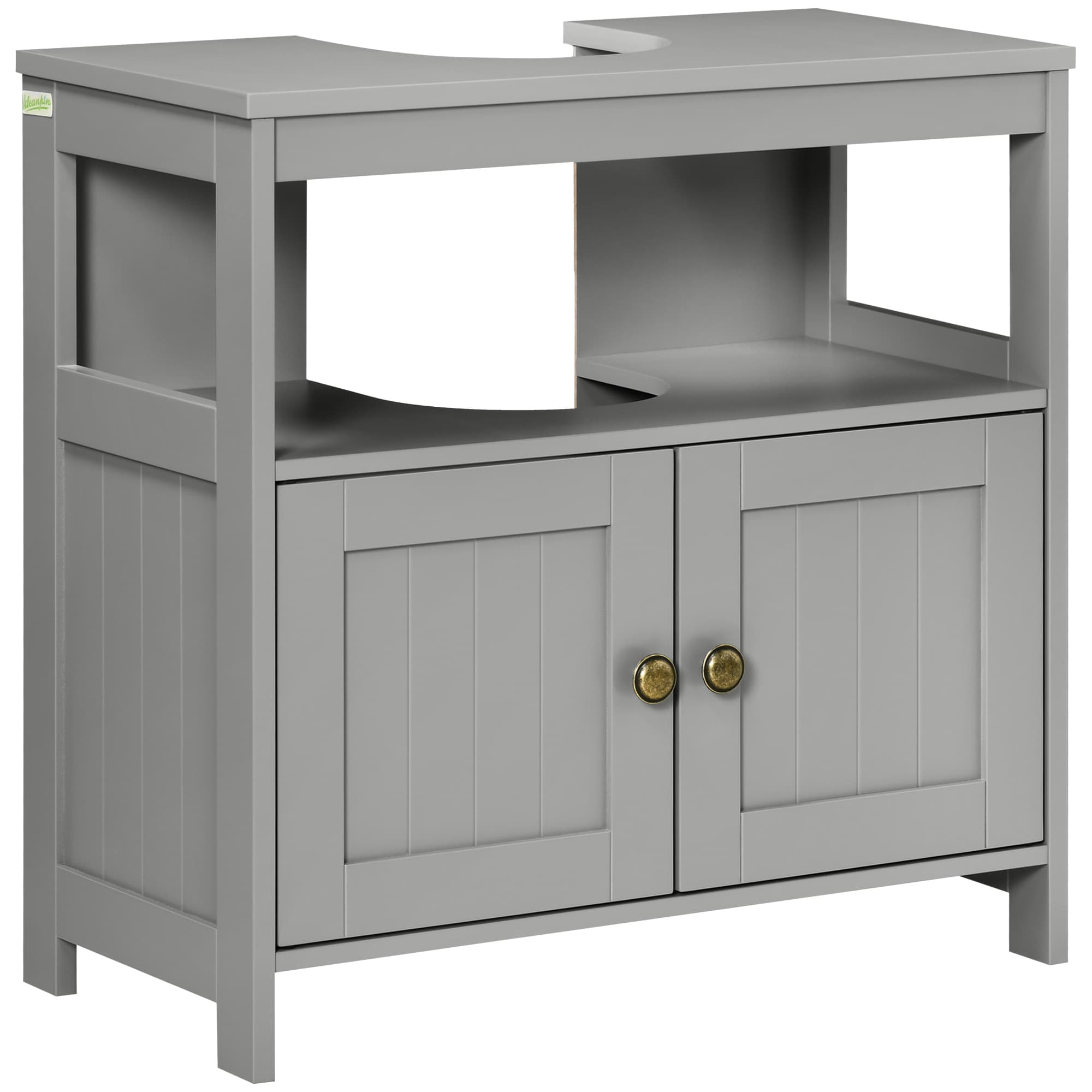Kleankin Pedestal Under Sink Cabinet, Modern Double Door Bathroom Vanity Storage Unit with Shelves, Light Grey