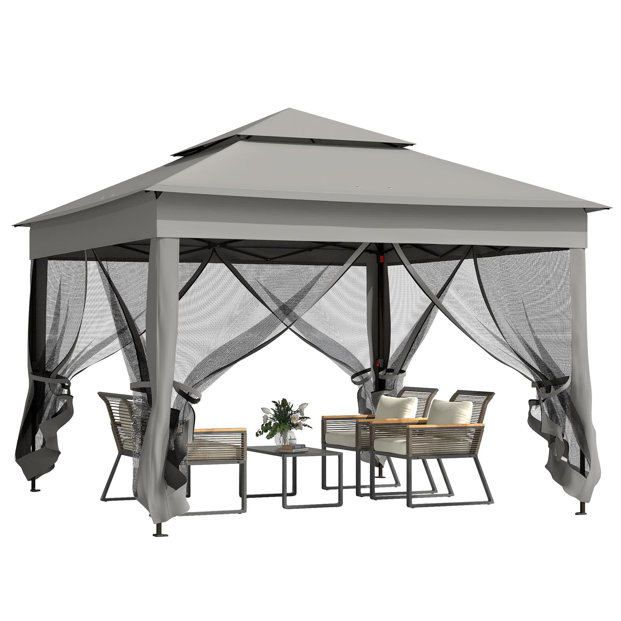 Outsunny 3 x 3m Pop Up Gazebo with Sides, Double-Roof Garden Tent with Netting and Carry Bag for Outdoor Patio, Dark Grey | Aosom UK