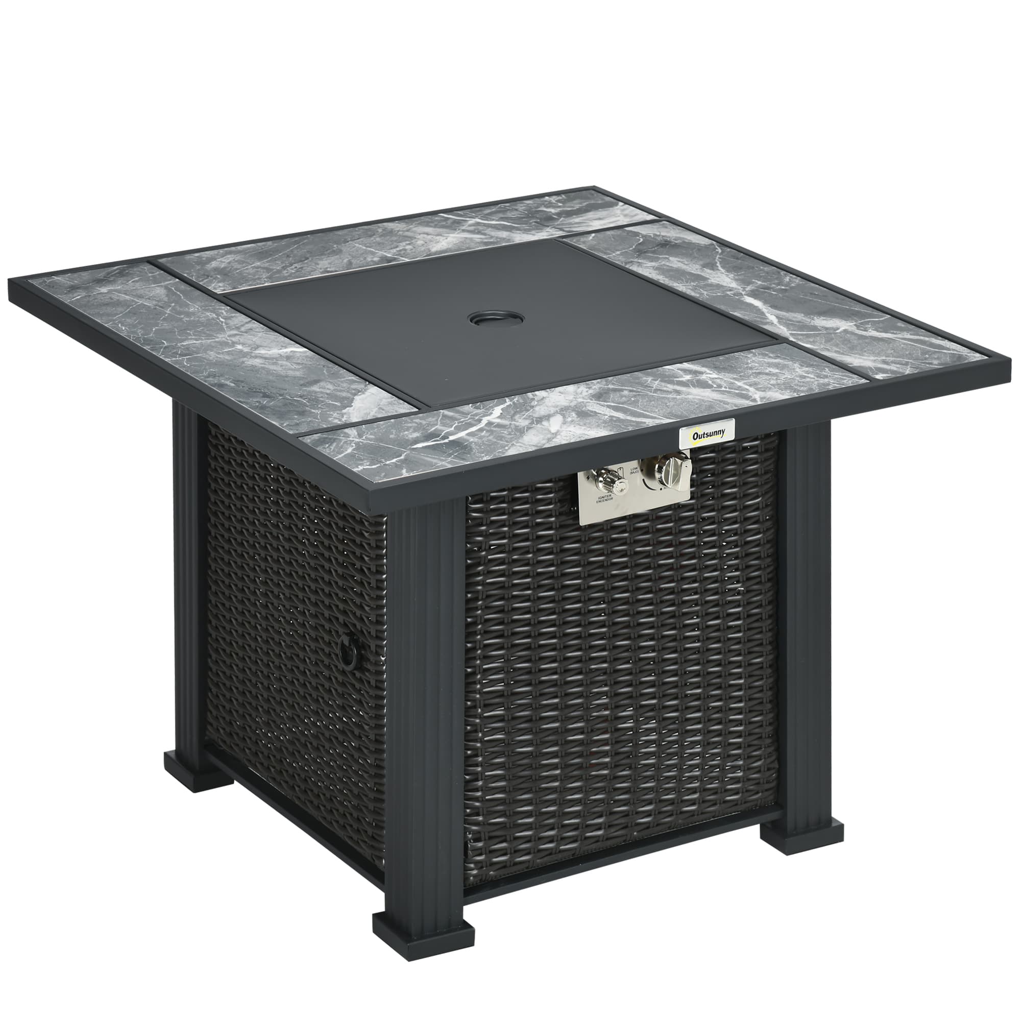 Outsunny Rattan Gas Fire Pit Table, Marble Top Patio Heater w/ Windscreen & Rain Cover, Outdoor Garden Centrepiece | Aosom UK