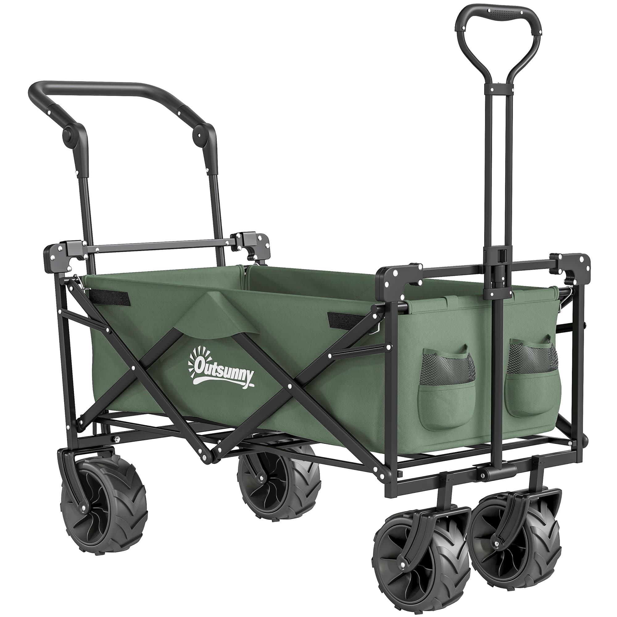 Outsunny Folding Trolley Cart Storage Wagon Beach Trailer 4 Wheels with Handle Overhead Canopy Cart Push Pull for Camping, Green | Aosom UK