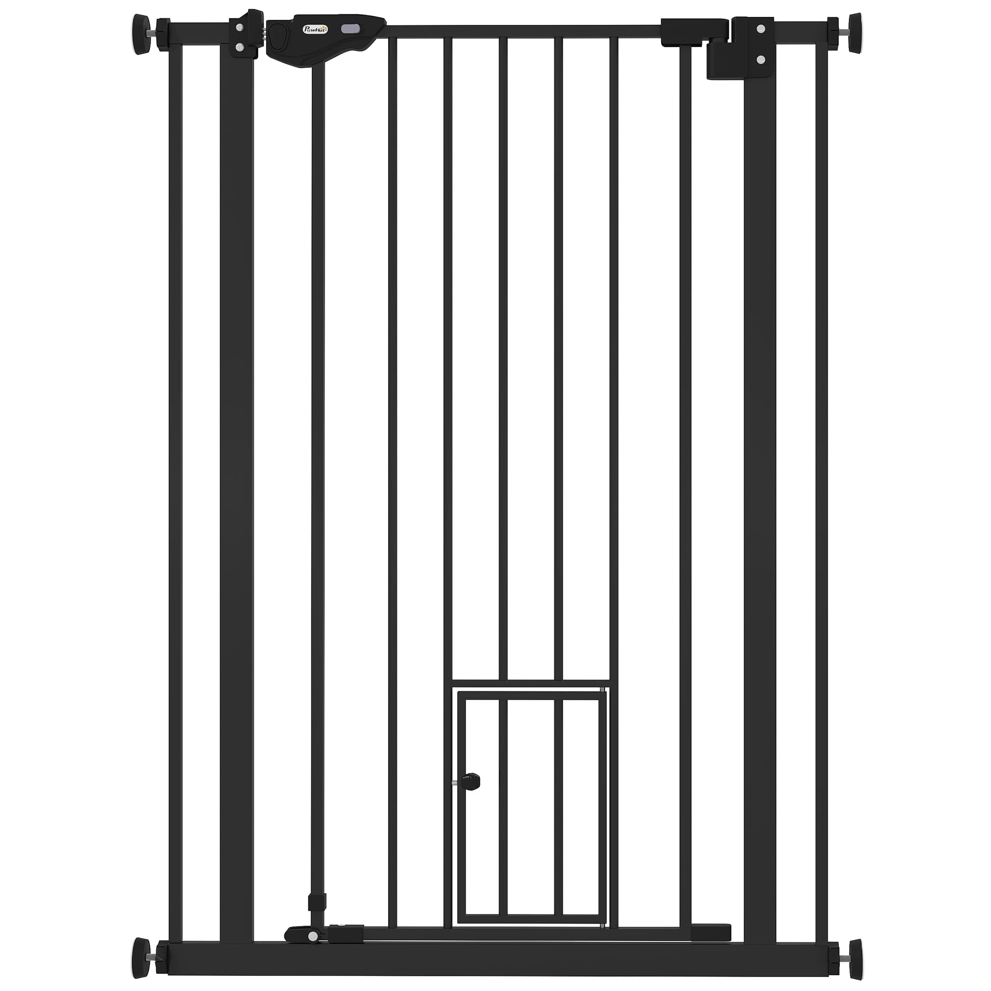 PawHut Extra Tall Dog Gate with Cat Door, Pet Safety Gate for Doorways Stairs with Auto Close Double Locking, 104H x 74-80W cm, Black | Aosom UK