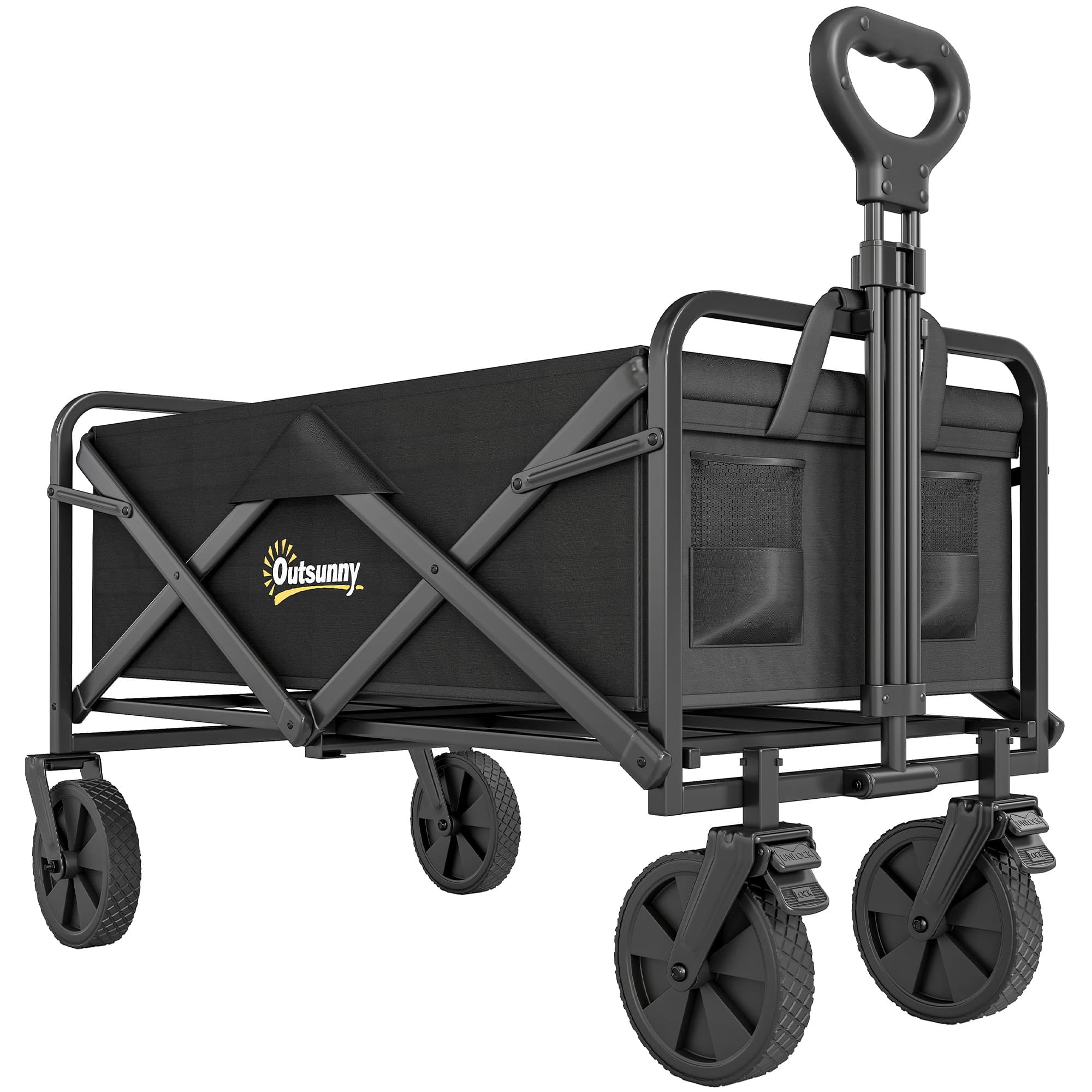 Outsunny Pull Along Folding Wagon Cargo Trolley with Telescopic Handle, Portable Utility Cart, Black | Aosom UK