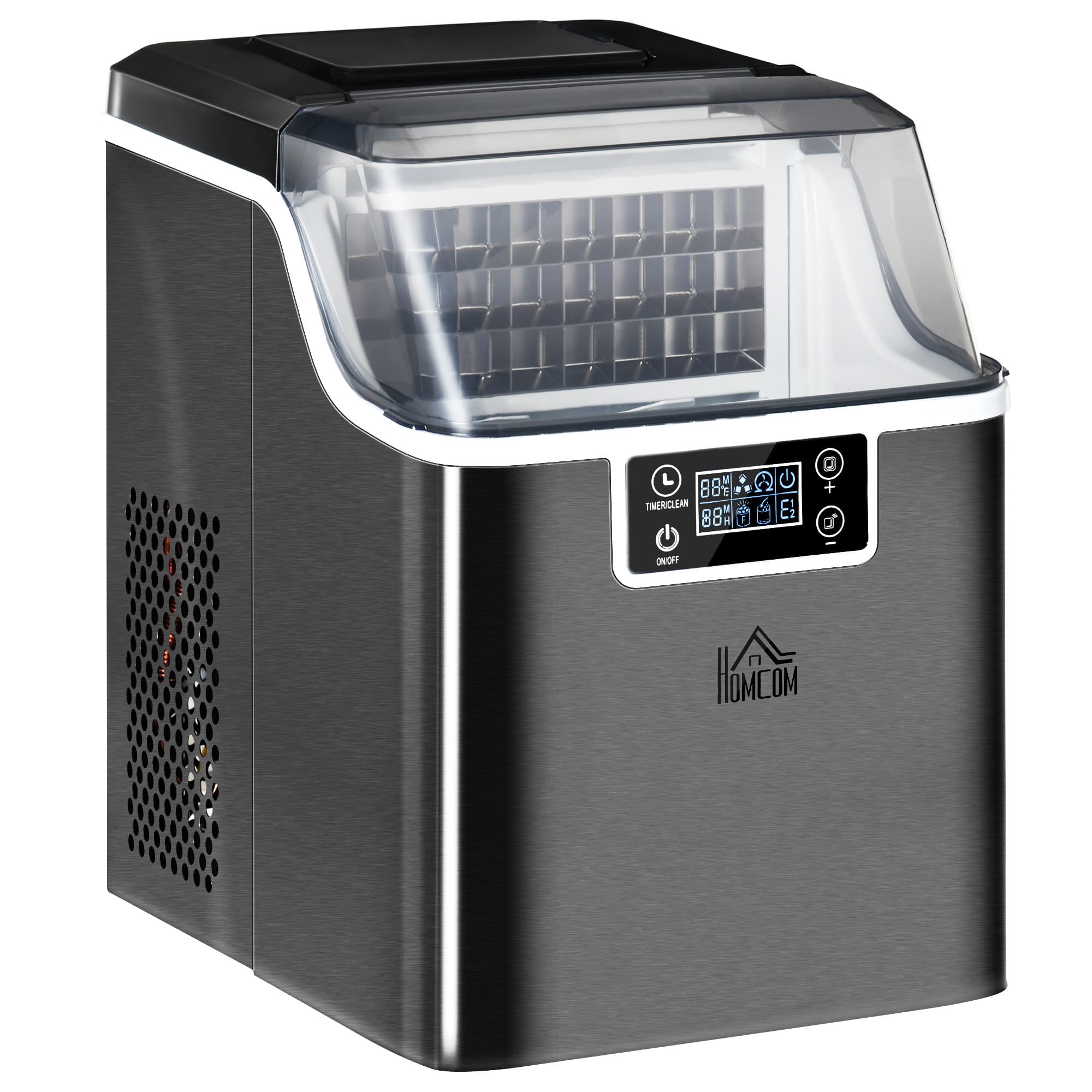 HOMCOM Ice Maker Machine Countertop, 20Kg in 24 Hrs, 24 Cubes Ready in 14-18Mins, Stainless Steel Ice Cube Maker, 3.2L w/ Adjustable | Aosom UK