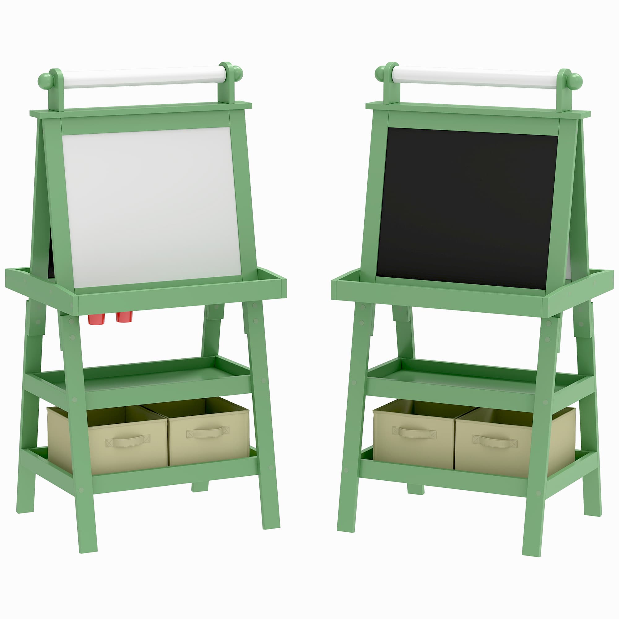 AIYAPLAY 3 in 1 Kids Art Easel, Double-Sided Magnetic Whiteboard and Chalkboard with Paper Roll, Storage Baskets, Painting Easel for Kids, Green | Aosom UK