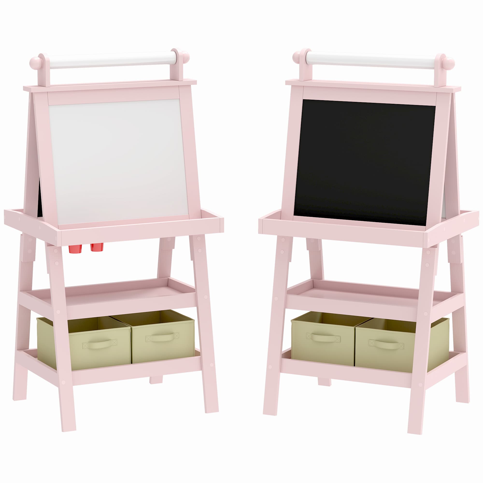 AIYAPLAY 3-in-1 Kids Easel, Double-Sided Magnetic Whiteboard & Chalkboard with Paper Roll and Storage Baskets, Pink | Aosom UK