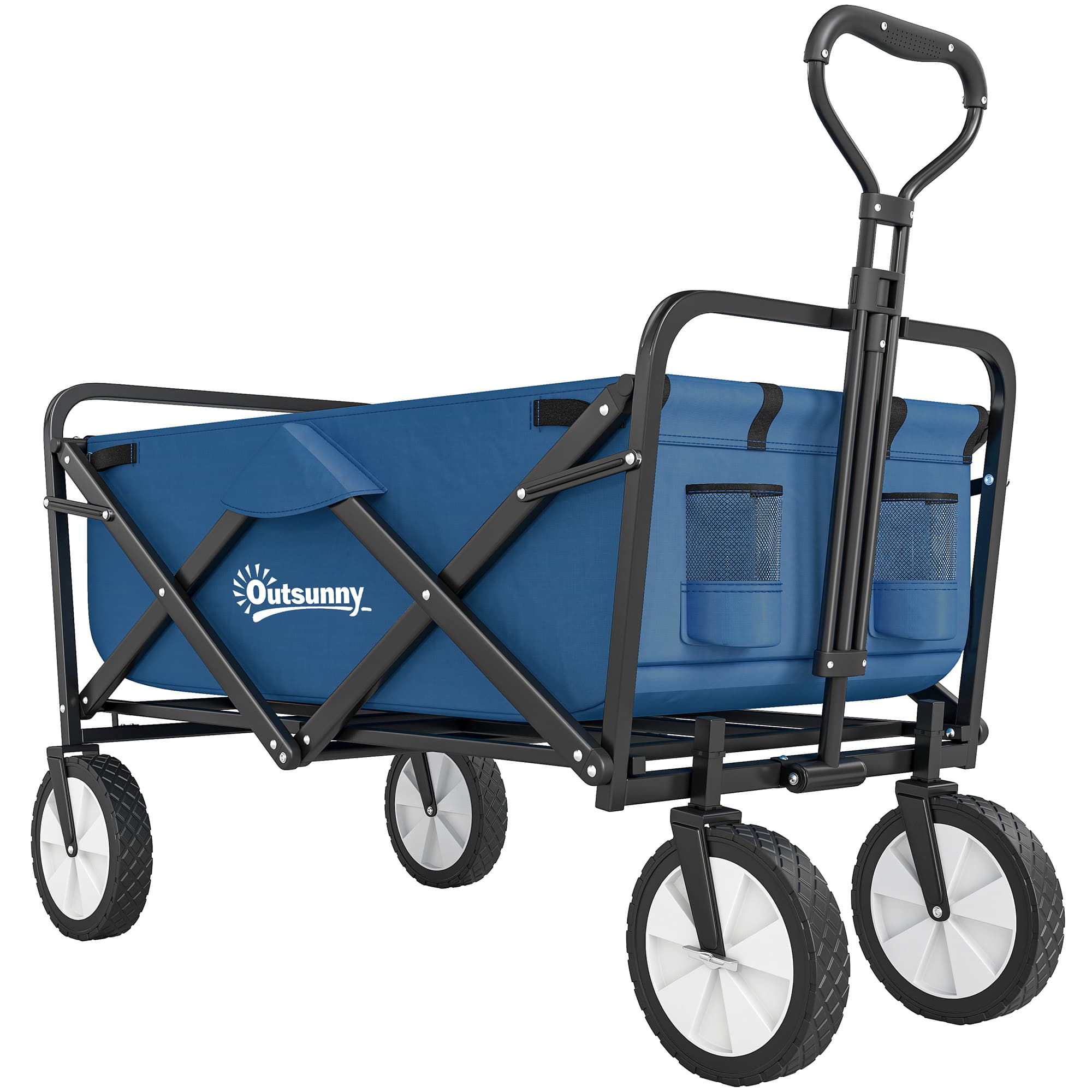 Outsunny Folding Wagon Cart, Pull Along Trolley for Beach and Garden Use, with Telescopic Handle, Blue | Aosom UK