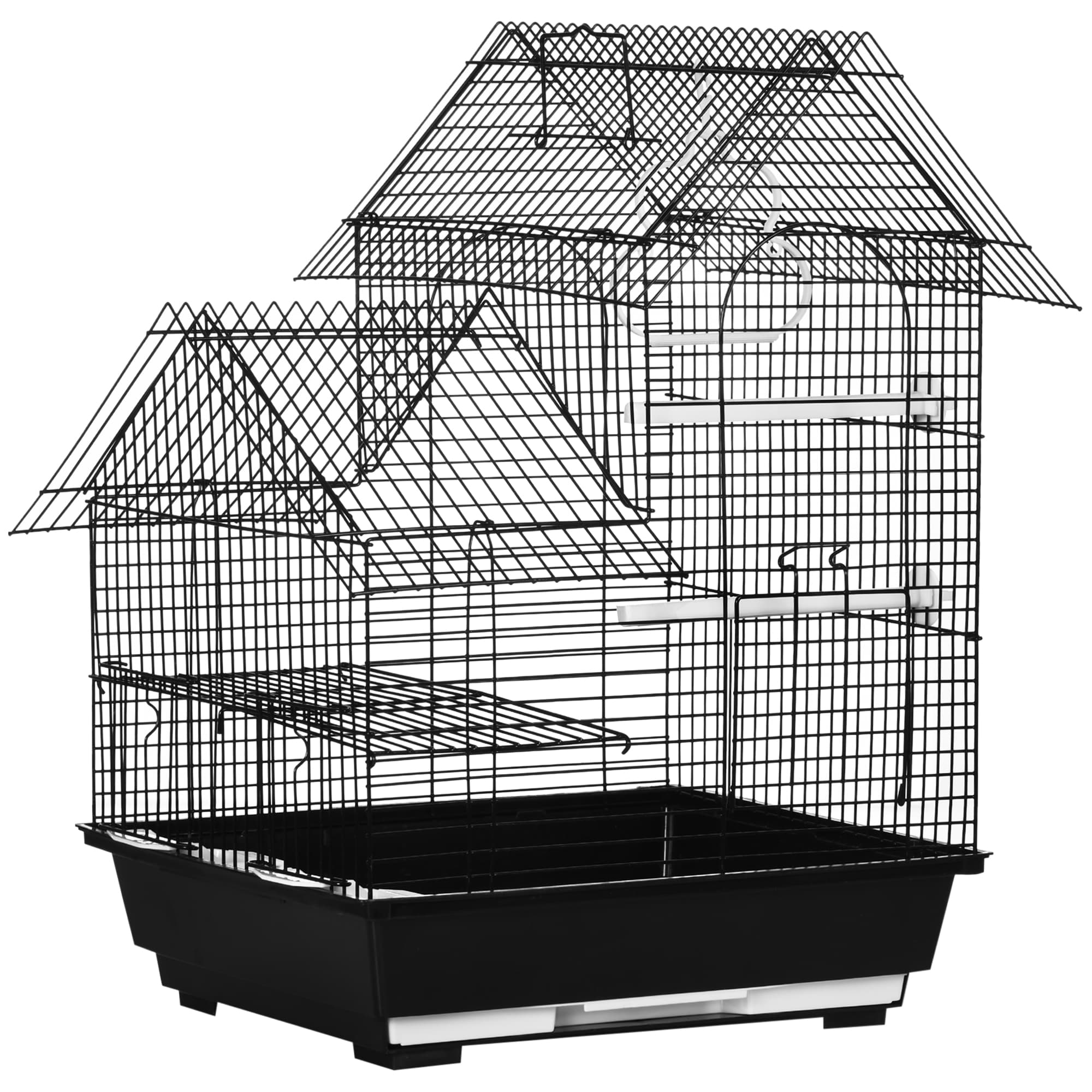PawHut Metal Bird Cage w/ Stand, Parrot Cockatiel Budgie Finch Canary, Includes Food Containers Swing Ring Tray, Black, 39 x 33 x 47 cm | Aosom UK