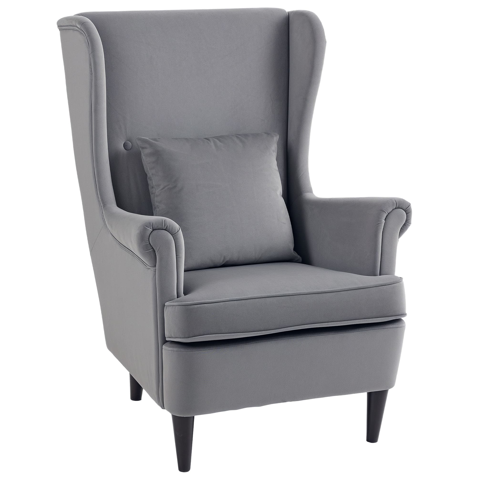 HOMCOM Velvet Armchair, Upholstered Wingback Armchair with High Backrest and Pillow, Fabric Reading Chair with Solid Wood Legs, Dark Grey | Aosom UK