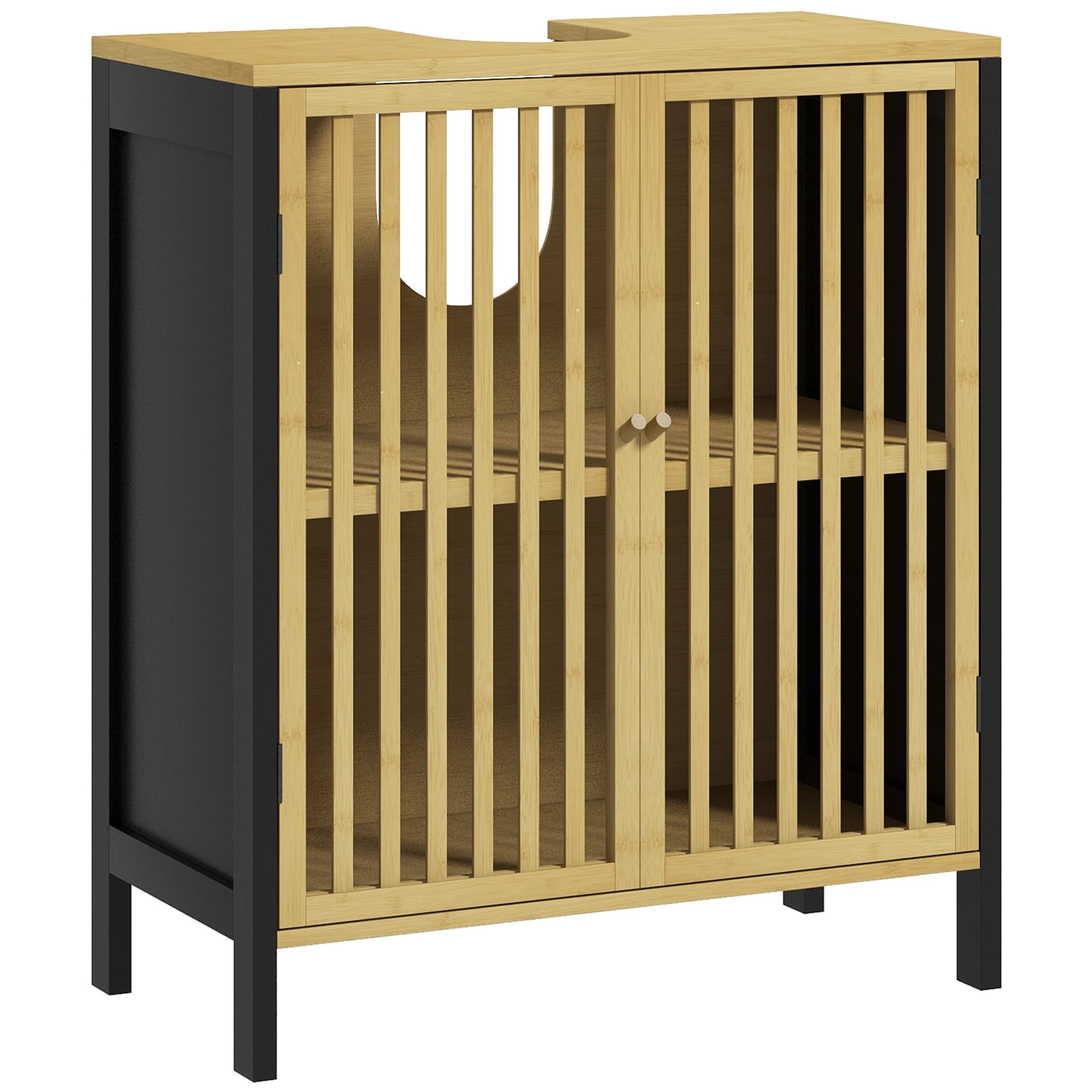 HOMCOM Under Sink Bathroom Cabinet, Bamboo Sink Storage Cabinet, Bathroom Vanity Unit w/ 2 Slat Doors, Adjustable Shelf & U-Shape Slot | Aosom UK