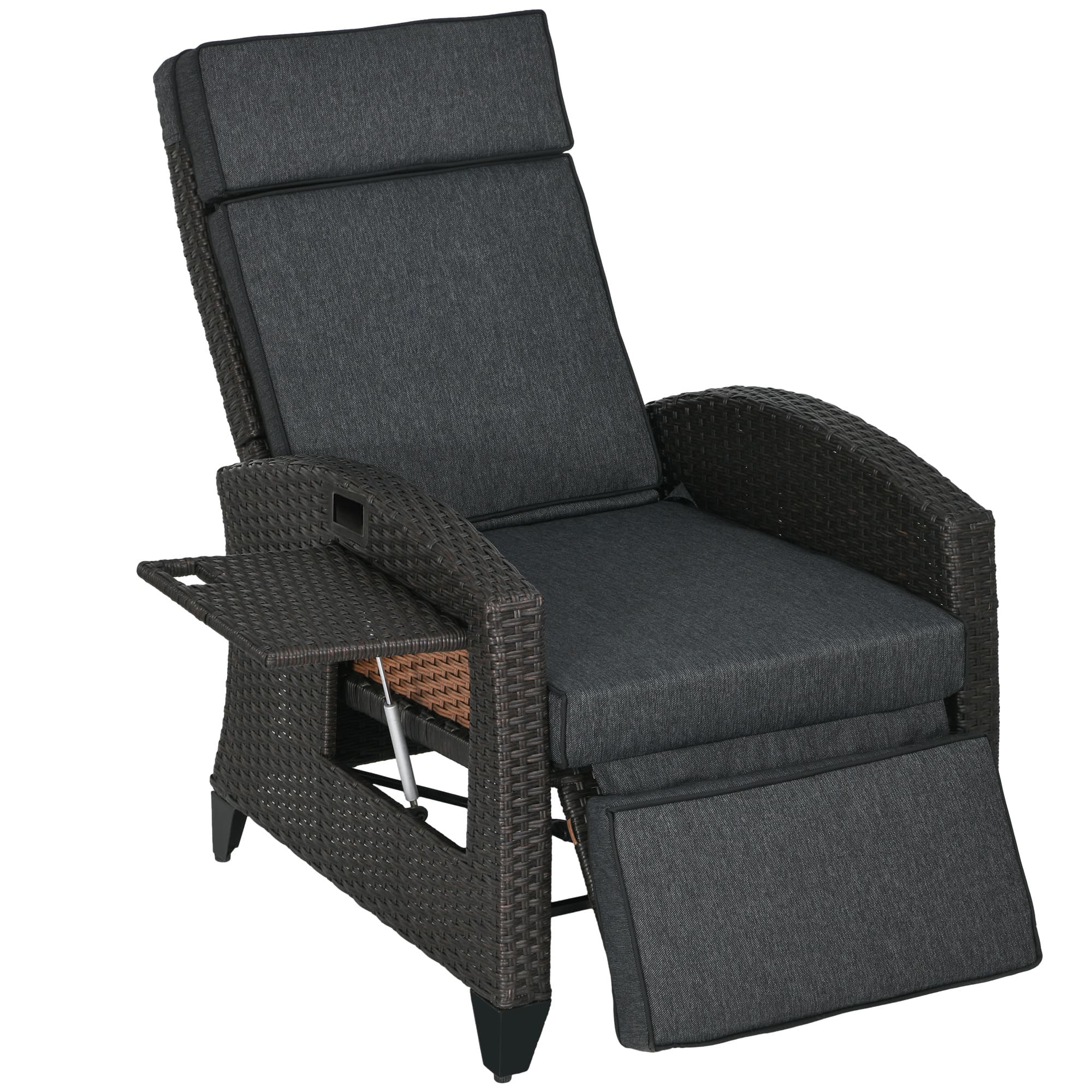 Outsunny Outdoor Rattan Recliner Chair with Adjustable Backrest and Footrest, Cushion, Side Tray, Grey