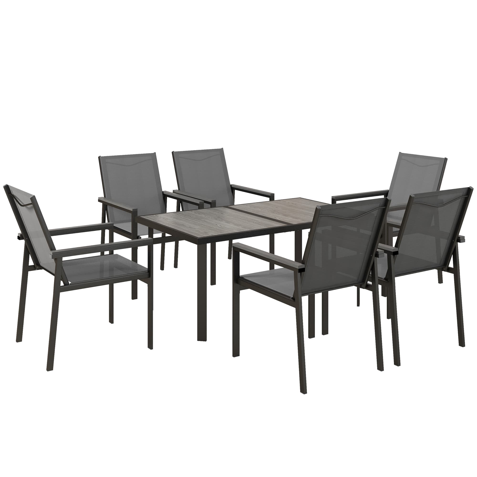 Outsunny 7 Pieces Garden Dining Set with Glass Top Dining Table, Outdoor Table & 6 Armchairs with Breathable Mesh Fabric Seats and Backrest, Grey | Aosom UK