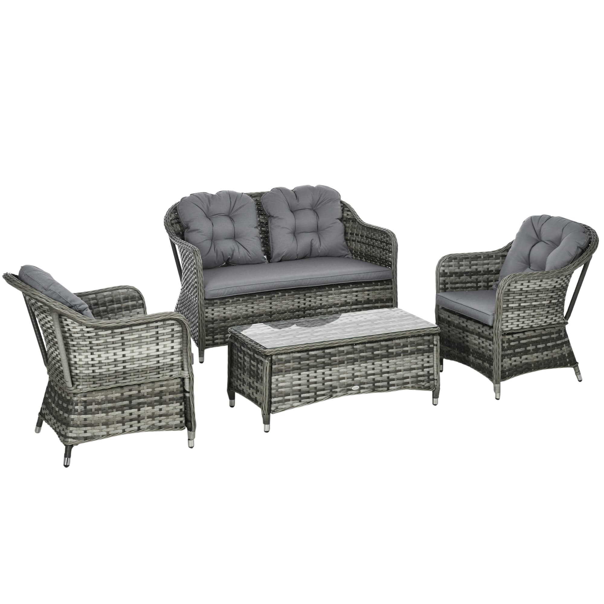 Outsunny 4 Pieces PE Rattan Wicker Sofa Set Outdoor Conservatory Furniture Lawn Patio Coffee Table w/ Cushion, Grey | Aosom UK
