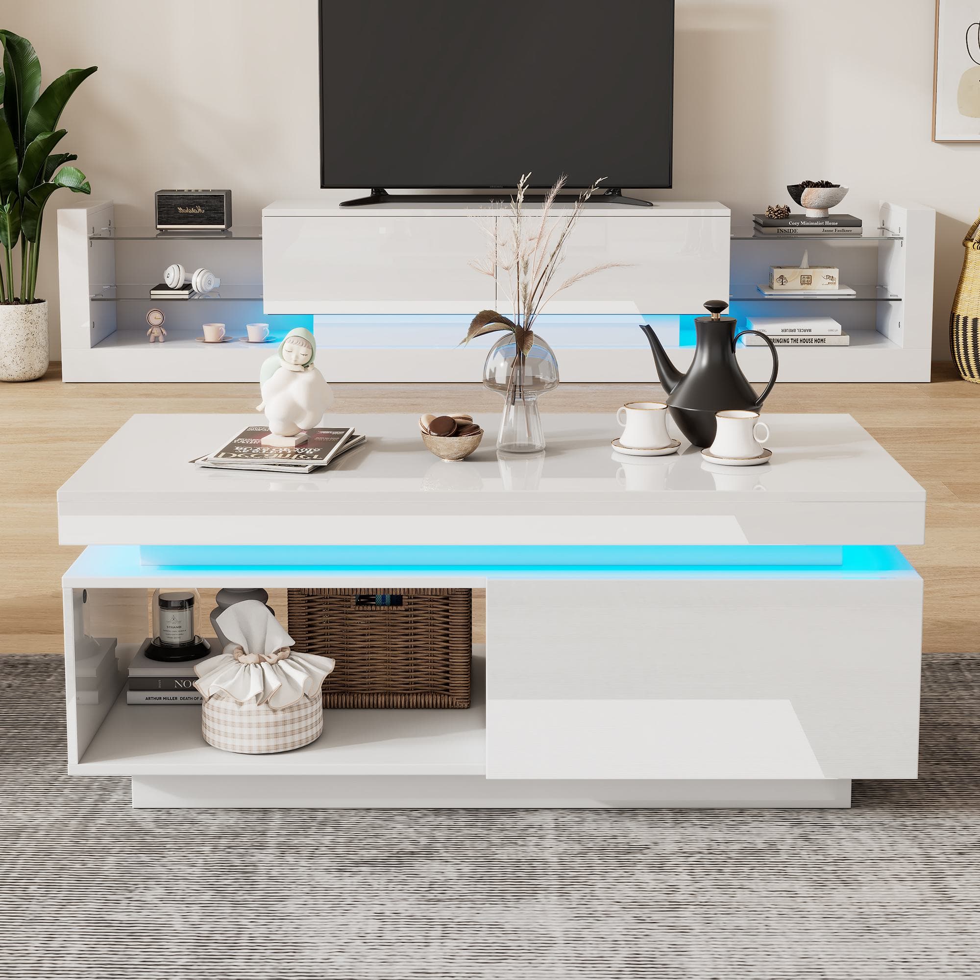 High Gloss LED Sofa Table with Remote-Controlled Lighting, Modern Coffee Table with Drawer, Open Display Shelf, 100L x 50W x 40H cm, White | Aosom.UK