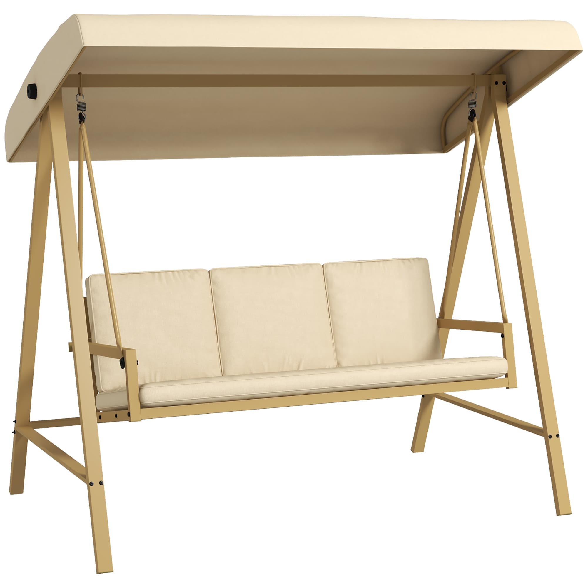 Outsunny 3 Seater Garden Swing Chair, Outdoor Hammock Bench with Adjustable Canopy, Removable Cushions and Steel Frame, Beige