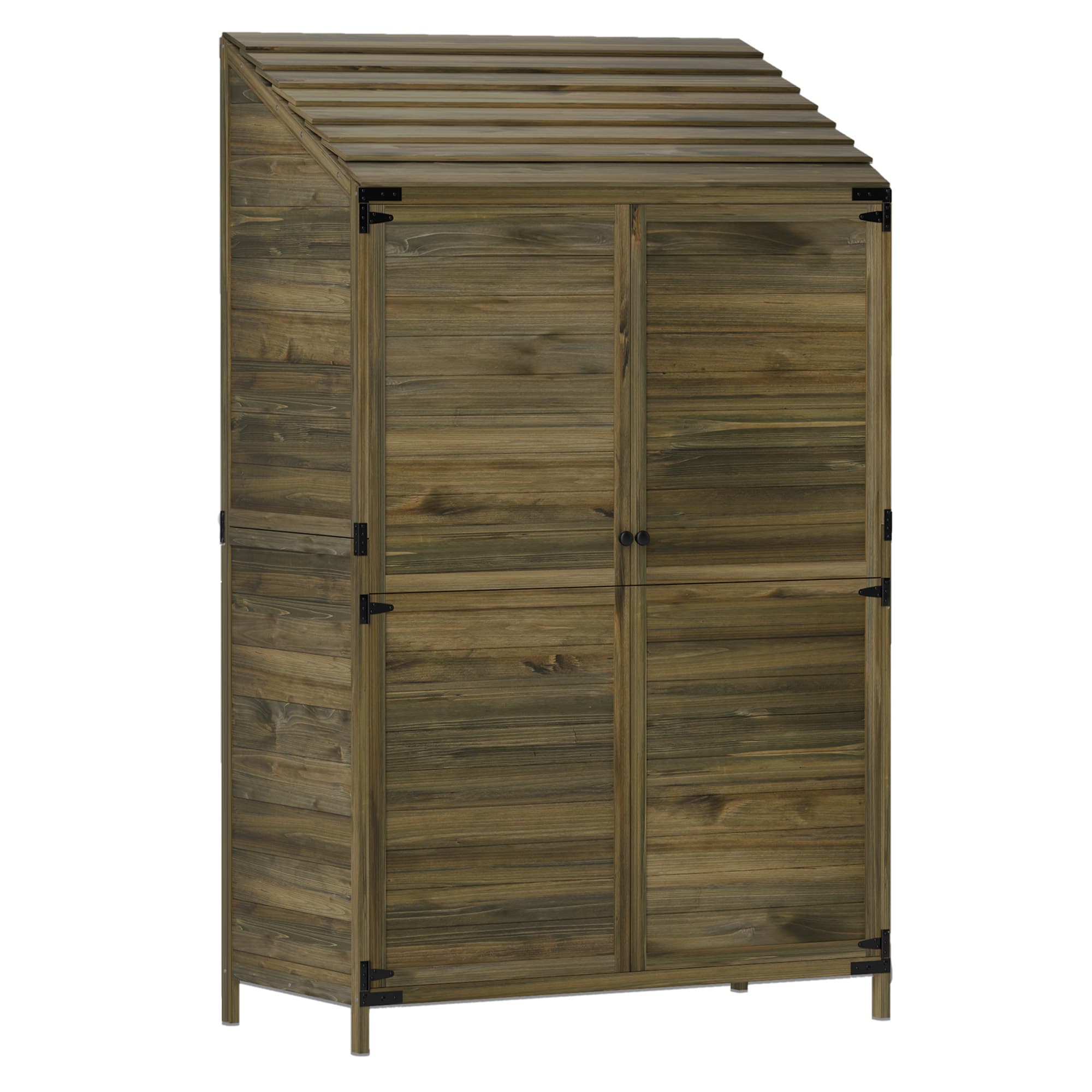 Outsunny Lean to Wooden Garden Shed, Garden Tool Storage Shed with Double Doors and Shelves, Outdoor Storage Cabinet for Patio Deck Garden, Green