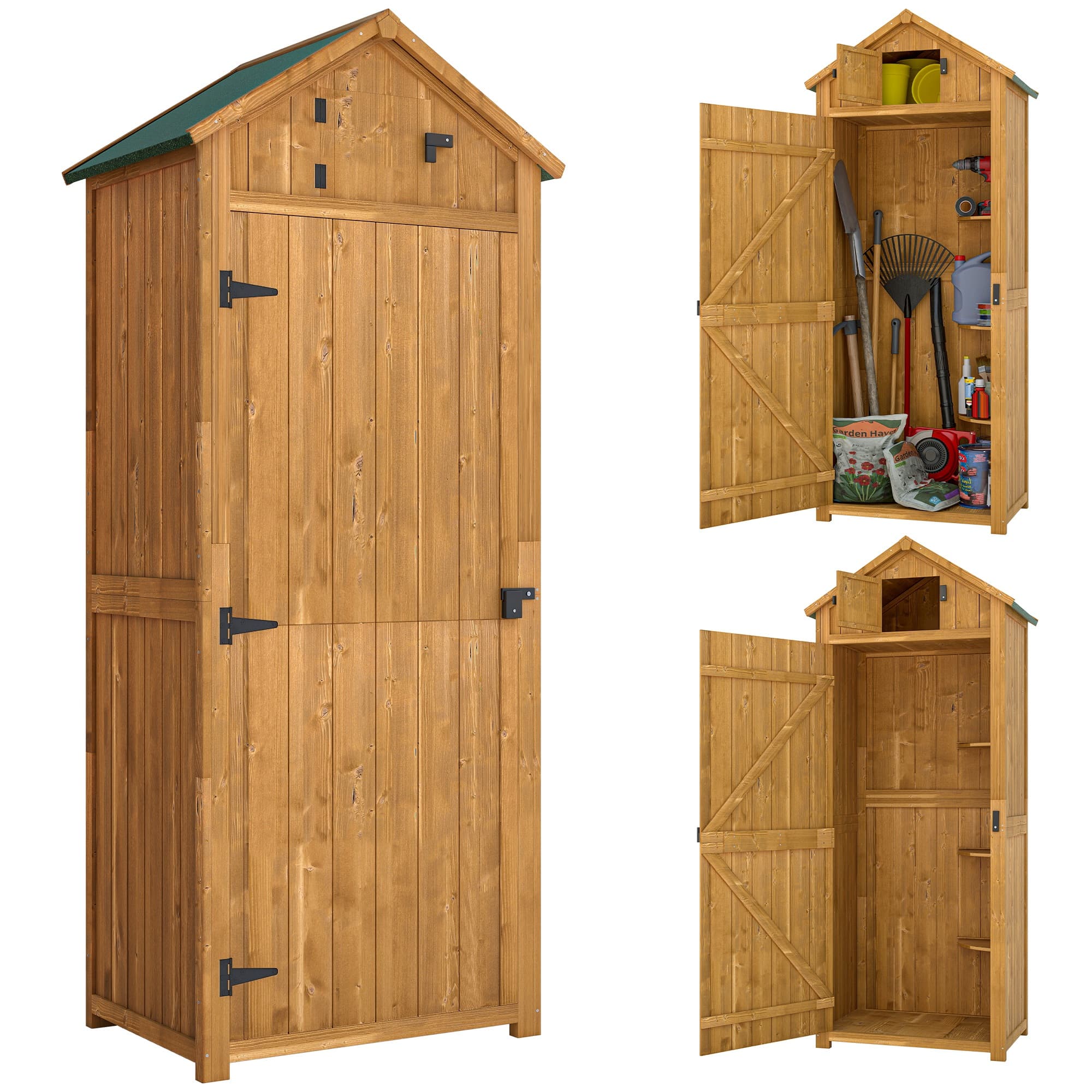 Outsunny Wooden Garden Storage Shed Vertical Tool Cabinet Organiser w/ Shelves, Lockable Door, 77 x 54.2 x 179 cm, Brown