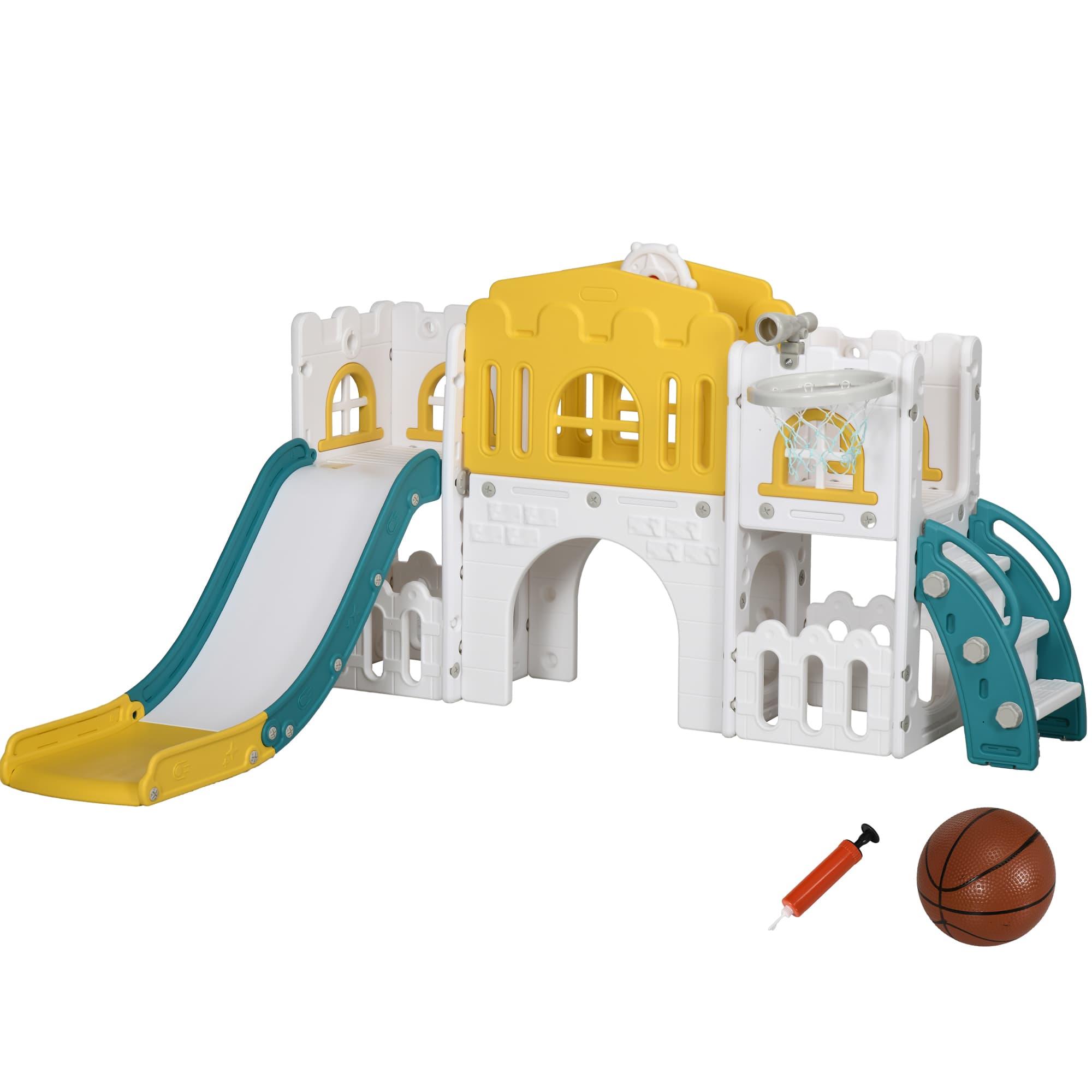 AIYAPLAY 7 in 1 Toddler Slide for 1-3 Years with Basketball Hoop, | Aosom UK