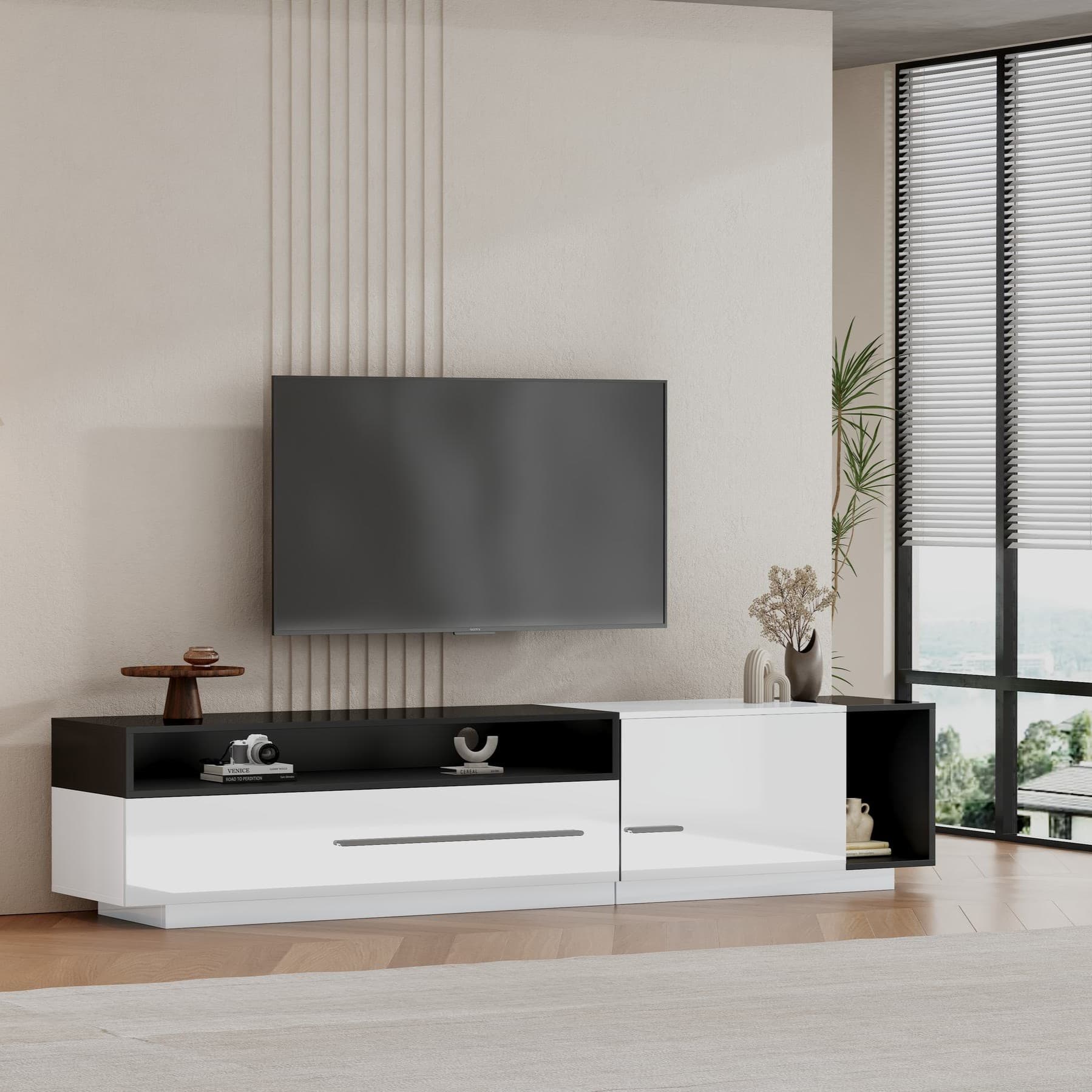 TV Unit with Storage, Modern TV Stand with Waterproof and Scratch-resistant Surface, Up 70in TV Size White+Black | Aosom UK