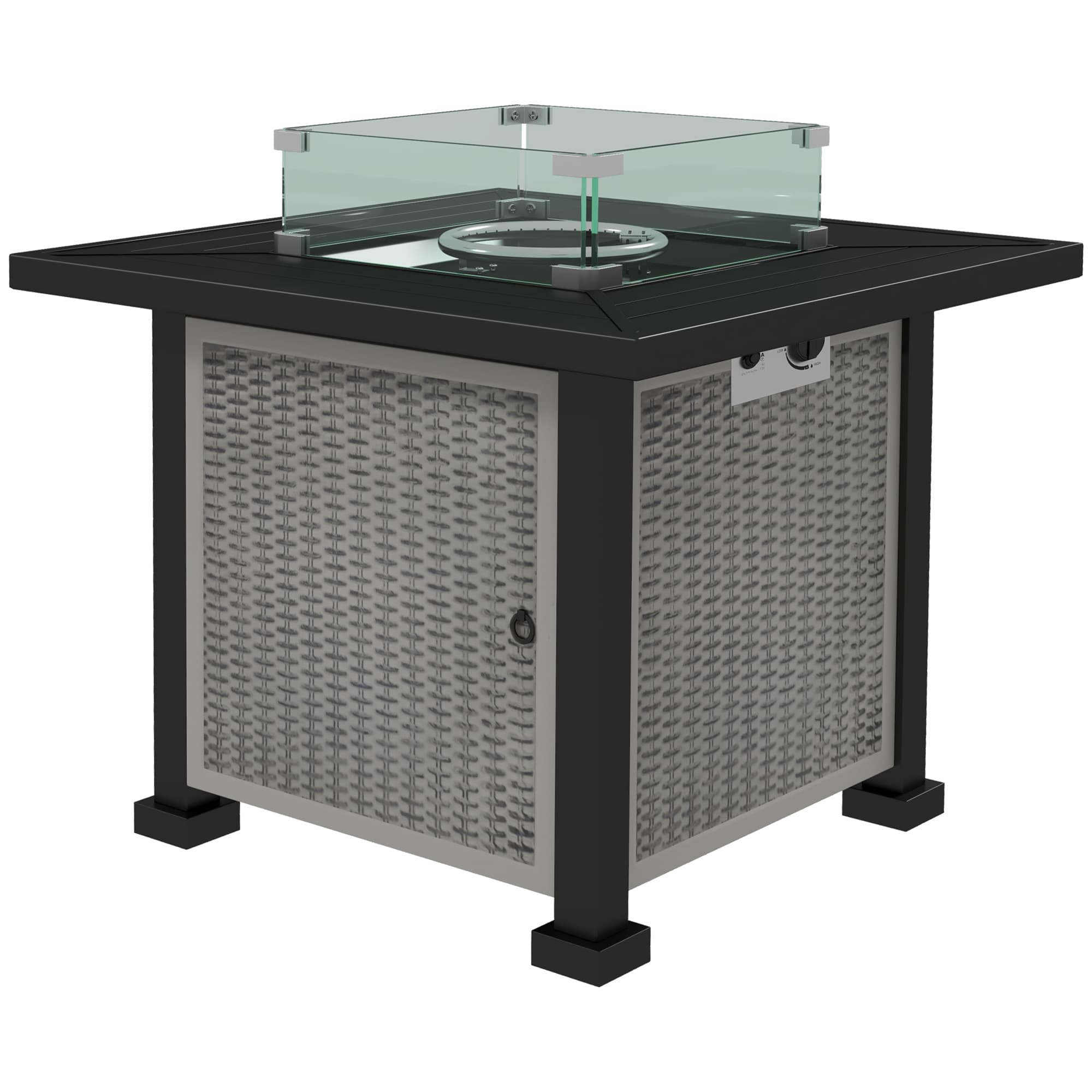 Outsunny 81cm Rattan Gas Fire Pit Table, 50,000 BTU Outdoor Fire Pit, Small Fire Pit with Glass Screen & Lid, Grey | Aosom UK