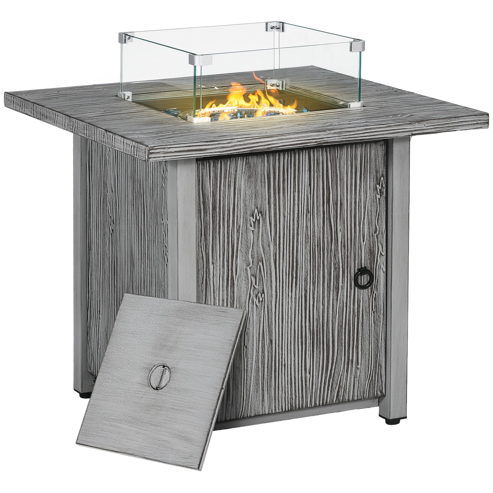 Outsunny 40,000 BTU Gas Fire Pit Table with Cover, Glass Screen and Glass Beads, Grey | Aosom UK