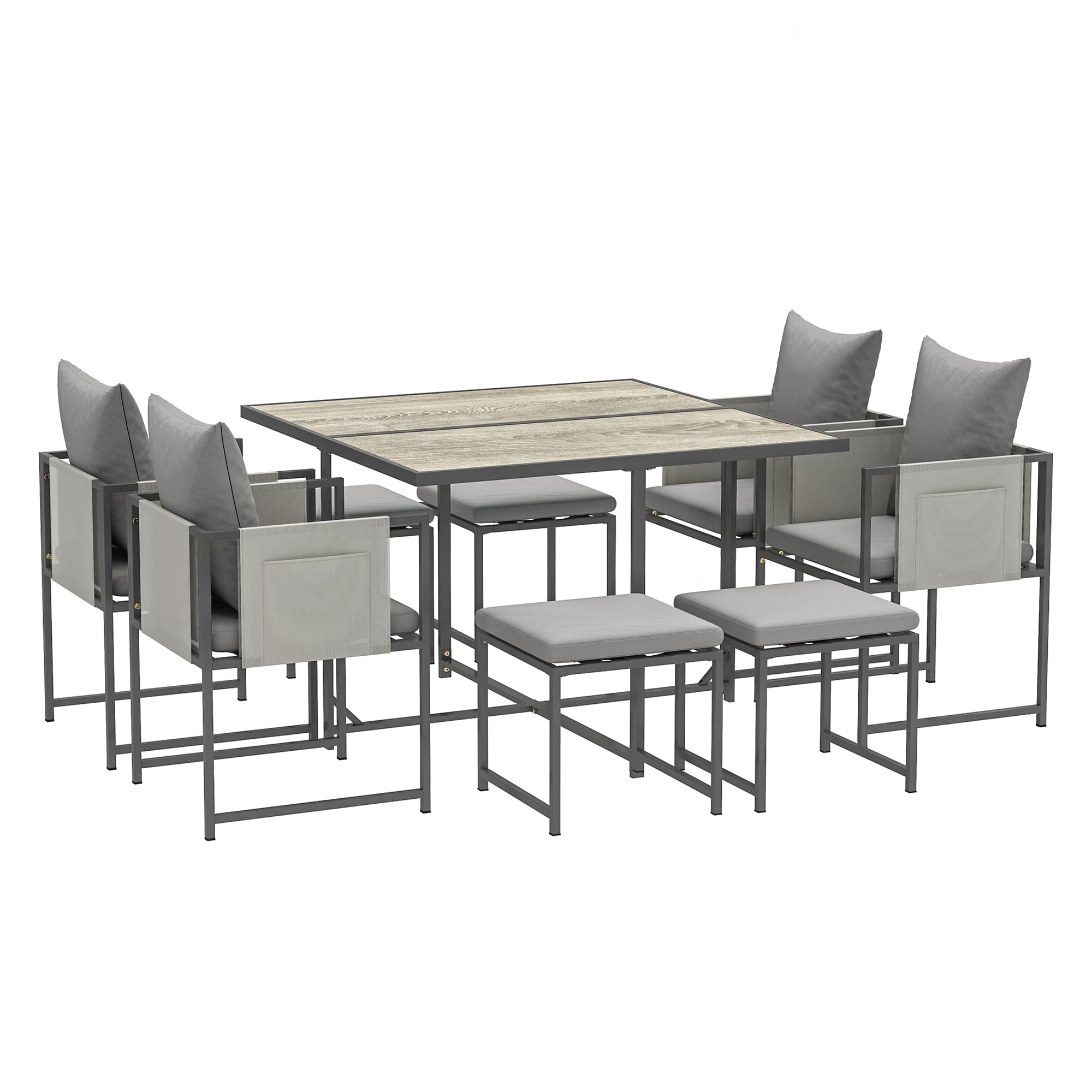 Outsunny 9 Piece Garden Dining Set, 8 Seater Garden Table and Chairs with 4 Stools, Square PSPC Plastic Top Table, Side Pockets for Patio, Grey