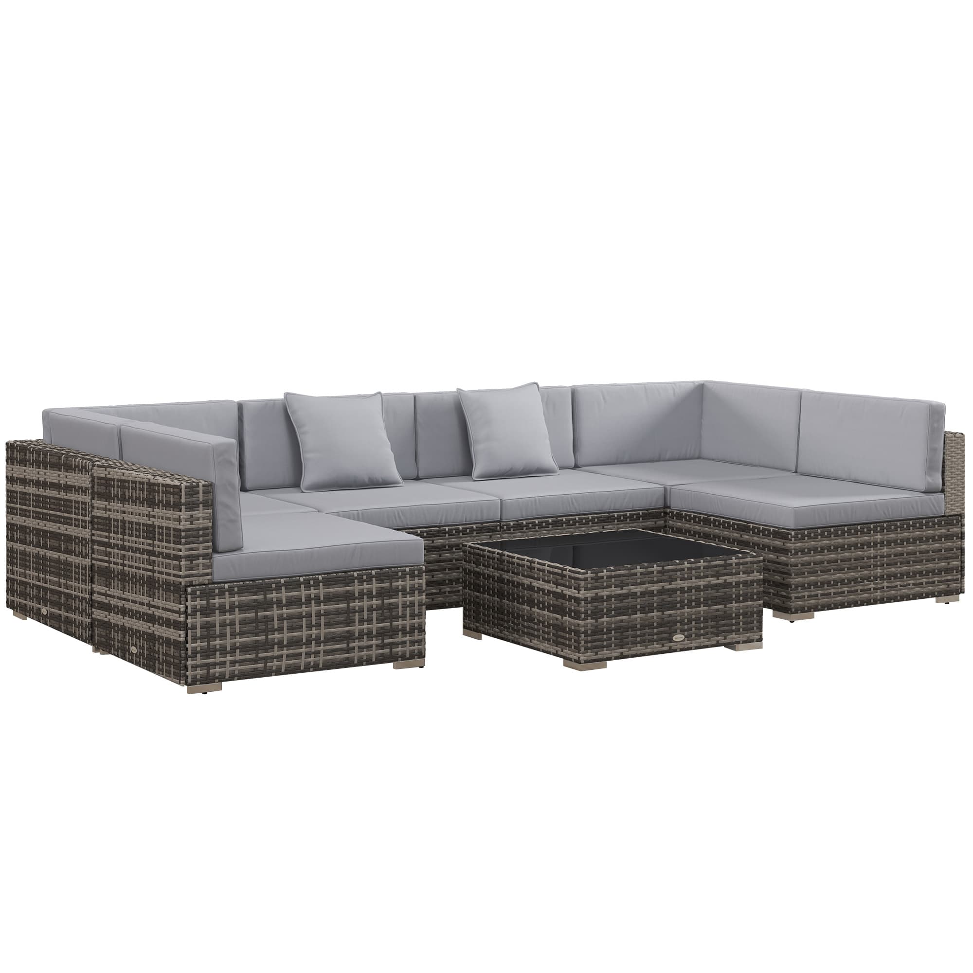 Outsunny 7 Pcs PE Rattan Garden Furniture Set w/ Thick Padded Cushion, Patio Corner Sofa Sets w/ Glass Coffee Table & Pillows, Mixed Grey | Aosom UK