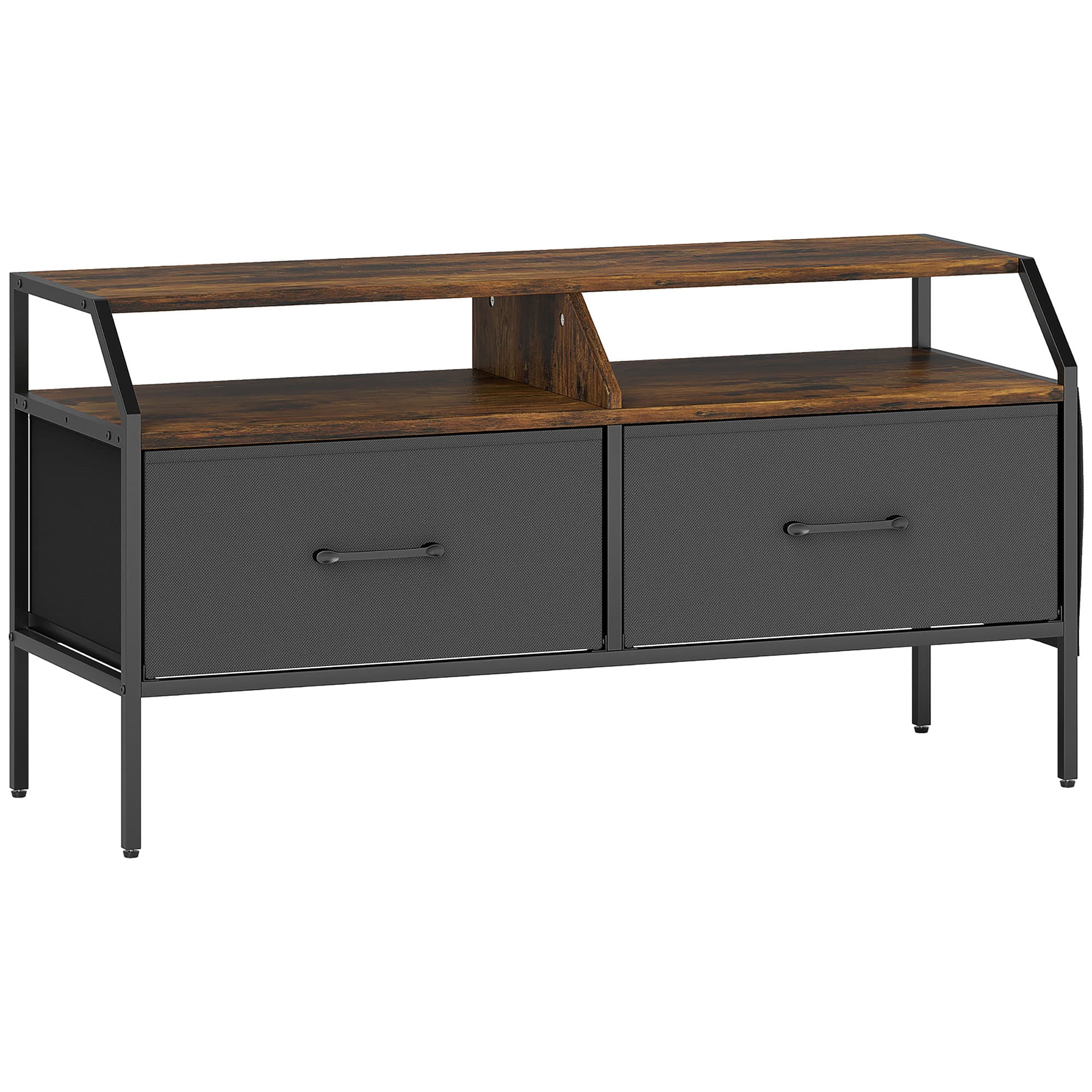 HOMCOM TV Stand Cabinet, TV Unit for 55-inch TVs with 2 Foldable Fabric Drawers, 5 Divided Side Pockets, Open Shelves, Console Table for Living Room, Bedroom, Entertainment Room, Rustic Brown