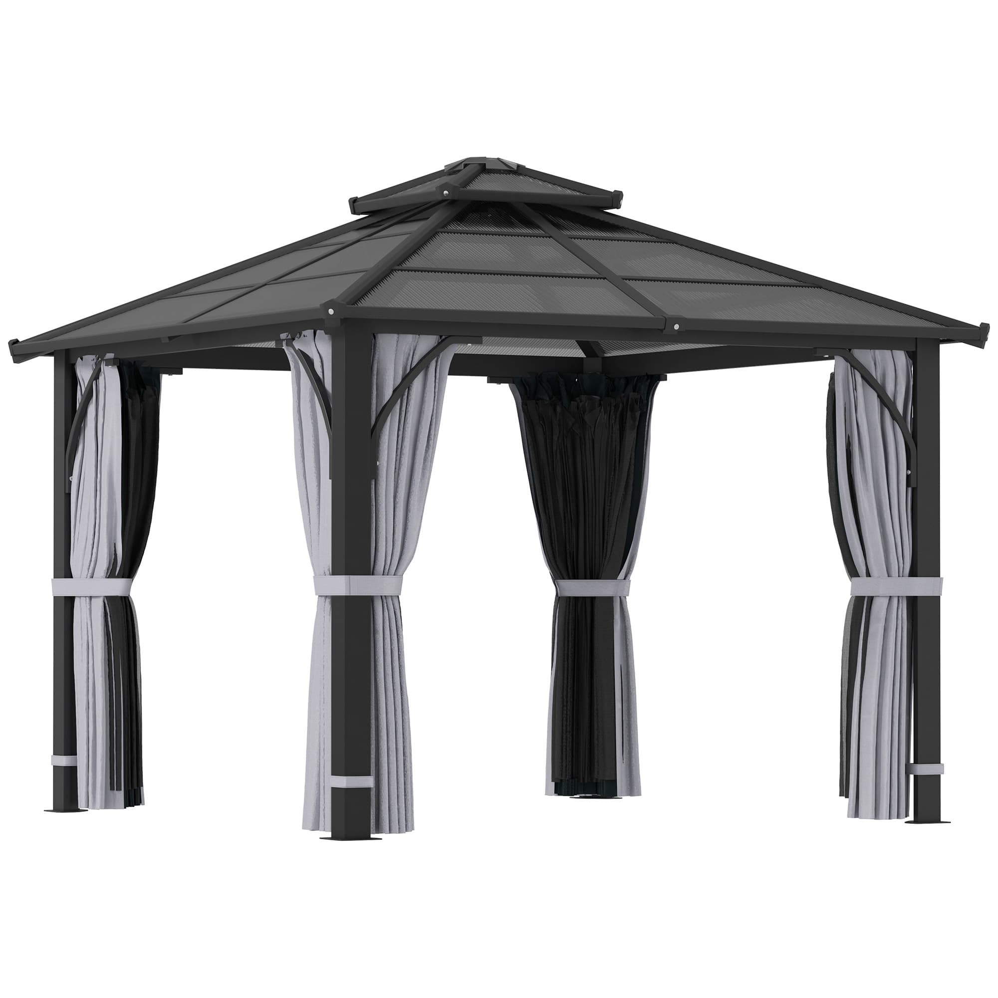 Outsunny 3 x 3(m) Hardtop Gazebo Canopy with Roof, Garden Gazebo Permanent Pavilion with Mosquito Netting and Curtains for Patio, Deck, Dark Grey