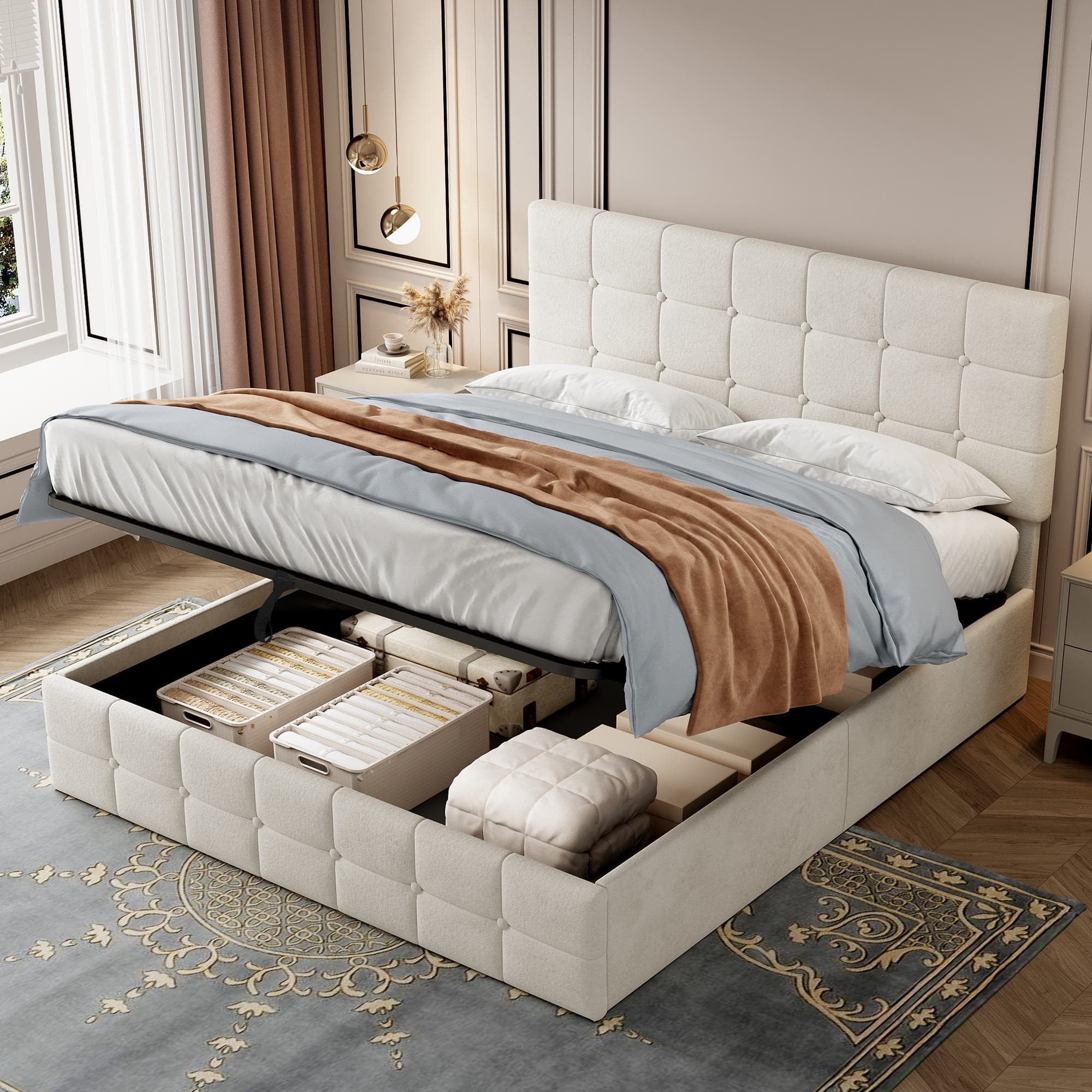 Upholstered Double Bed with Hydraulic Storage, Adjustable Button Tufted Headboard, Velvet Ottoman Bed Frame, 195L x 145W x 116H cm, Beige | Aosom.UK