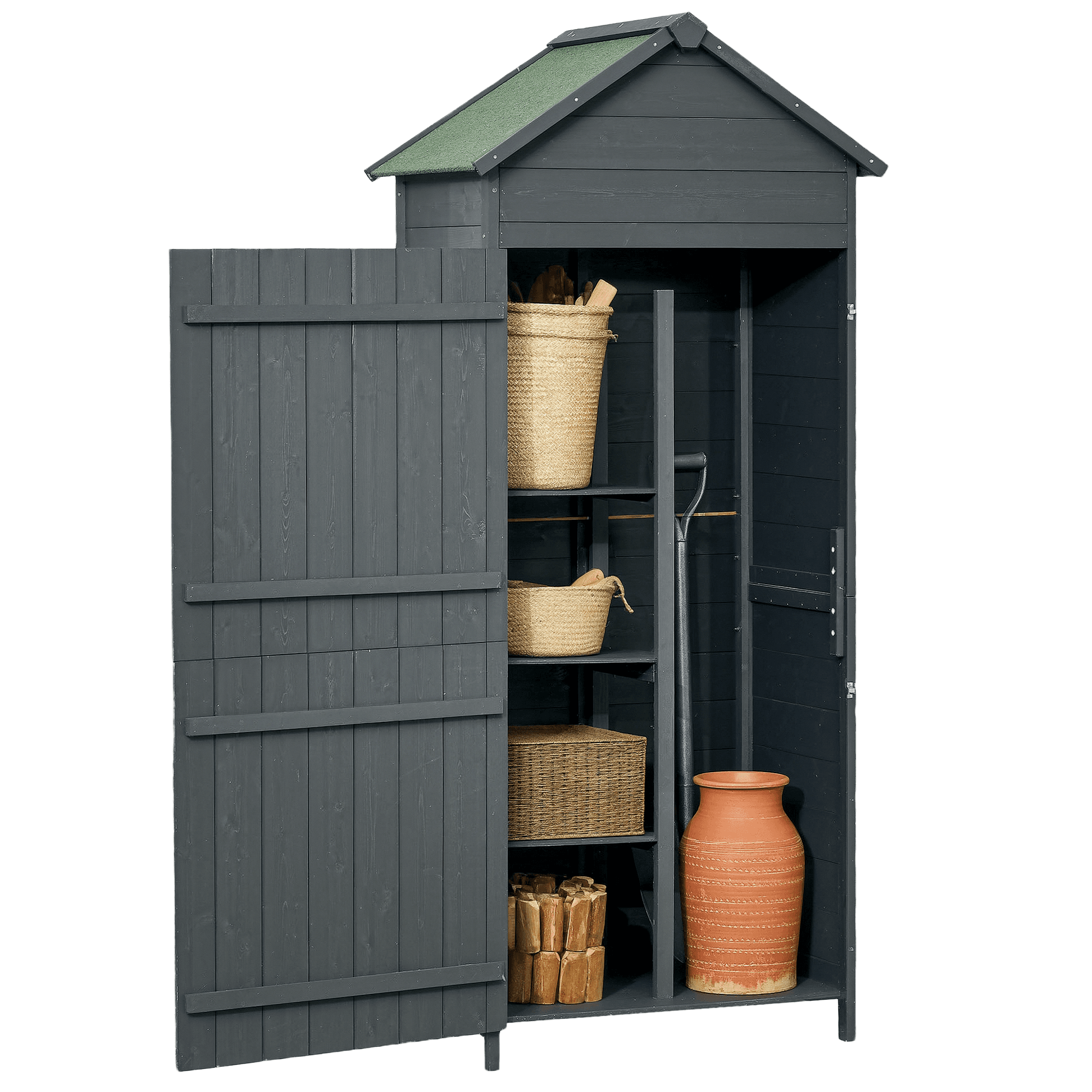 Outsunny 84 x 52 x 188cm Garden Cabinet with 4-Tier Shelves & Lockable Doors for Outdoor Garden Tool Storage, Grey | Aosom UK