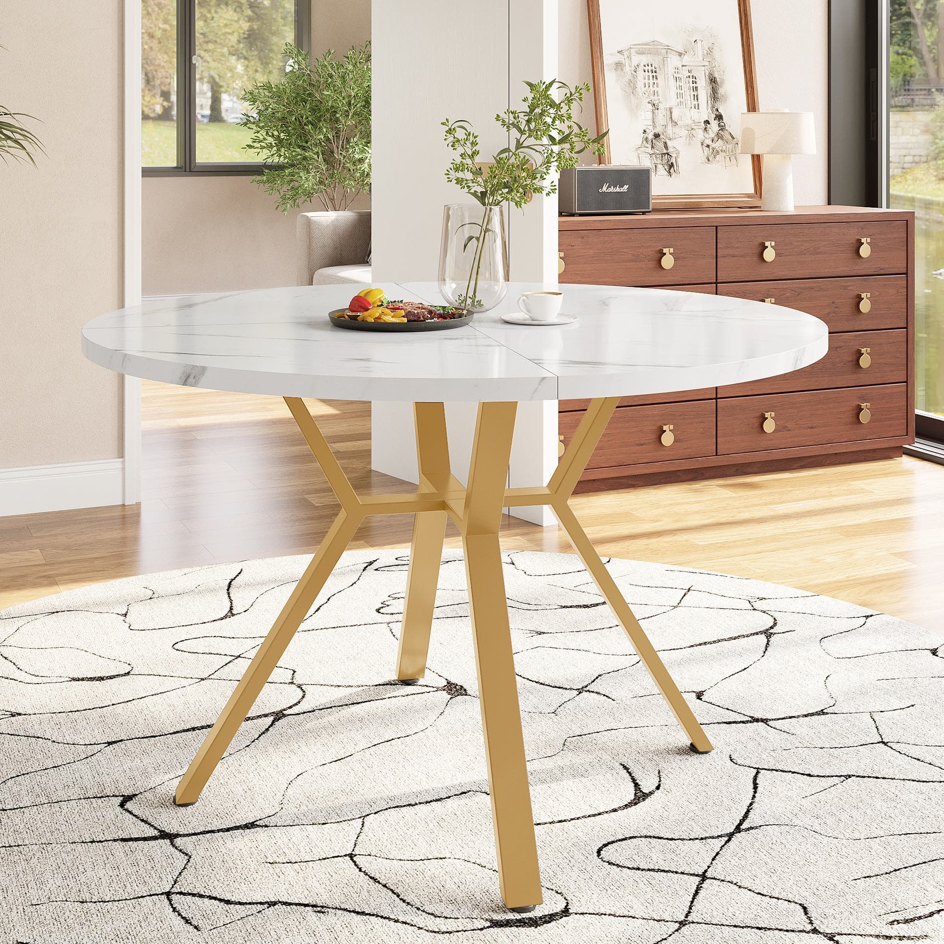 Round Dining Table with X-Shaped Metal Bracket, Marble Texture, Coffee Table for Various Interior Styles, 100L x 100W x 75H cm, Gold+White | Aosom.UK