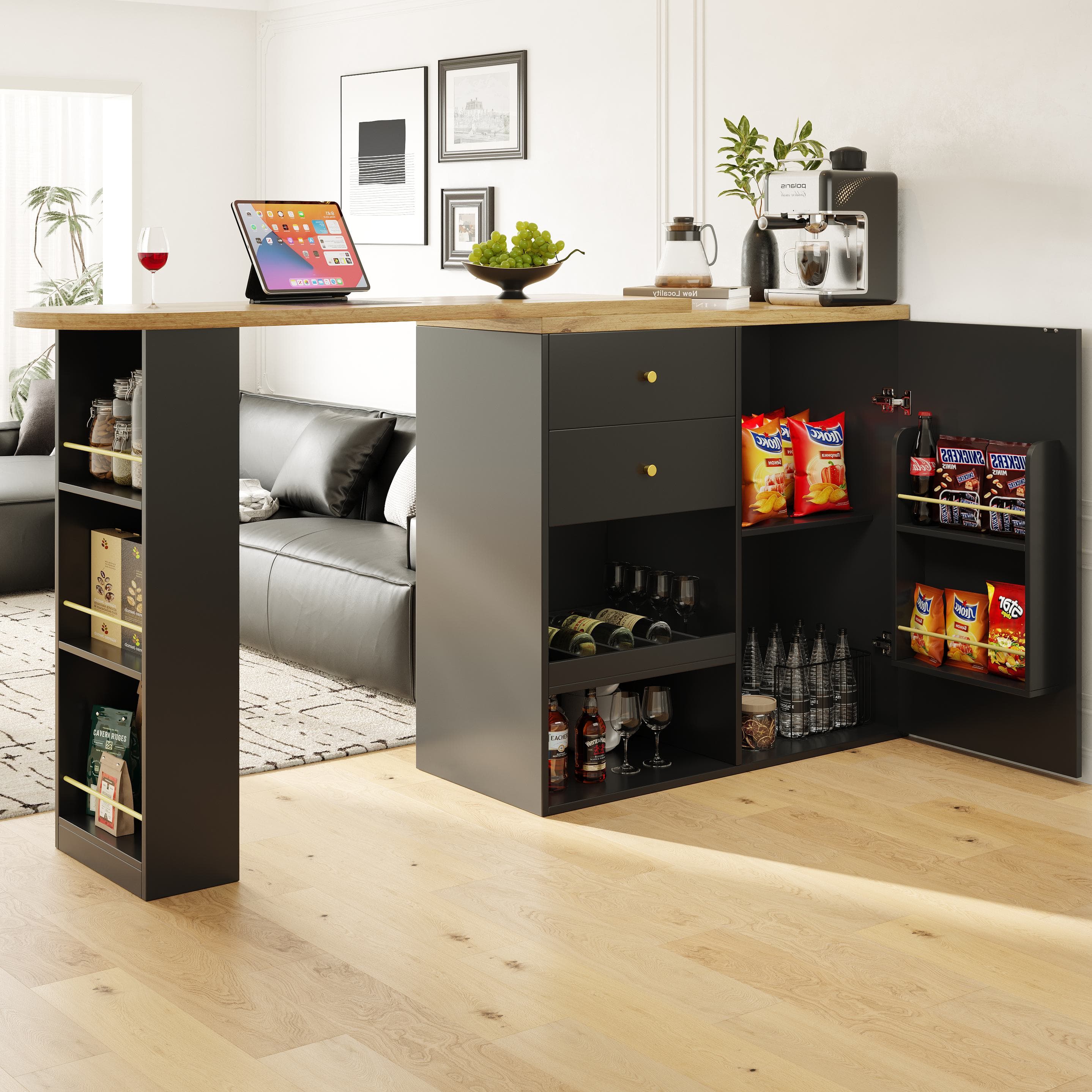 360° Swivelling Bar Table with Multi-Tiered Side Shelves, 2 Drawers, Storage Cabinet for Study, Living Room, 193L x 39W x 104H cm, Black | Aosom.UK