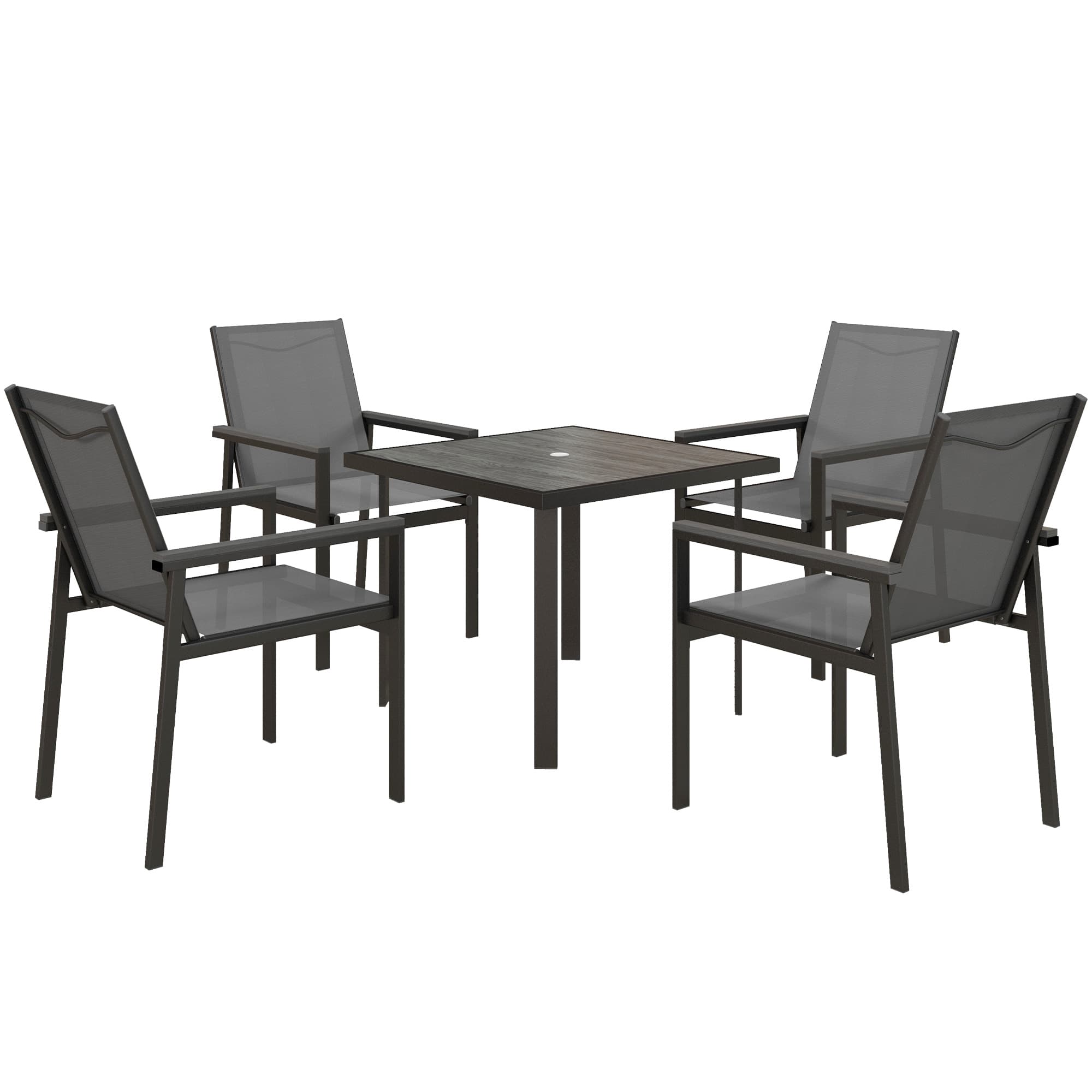 Outsunny 5 Pieces Garden Dining Set with Glass Top Dining Table, Outdoor Umbrella Hole Table and 4 Armchairs w/ Breathable Mesh Fabric Seats
